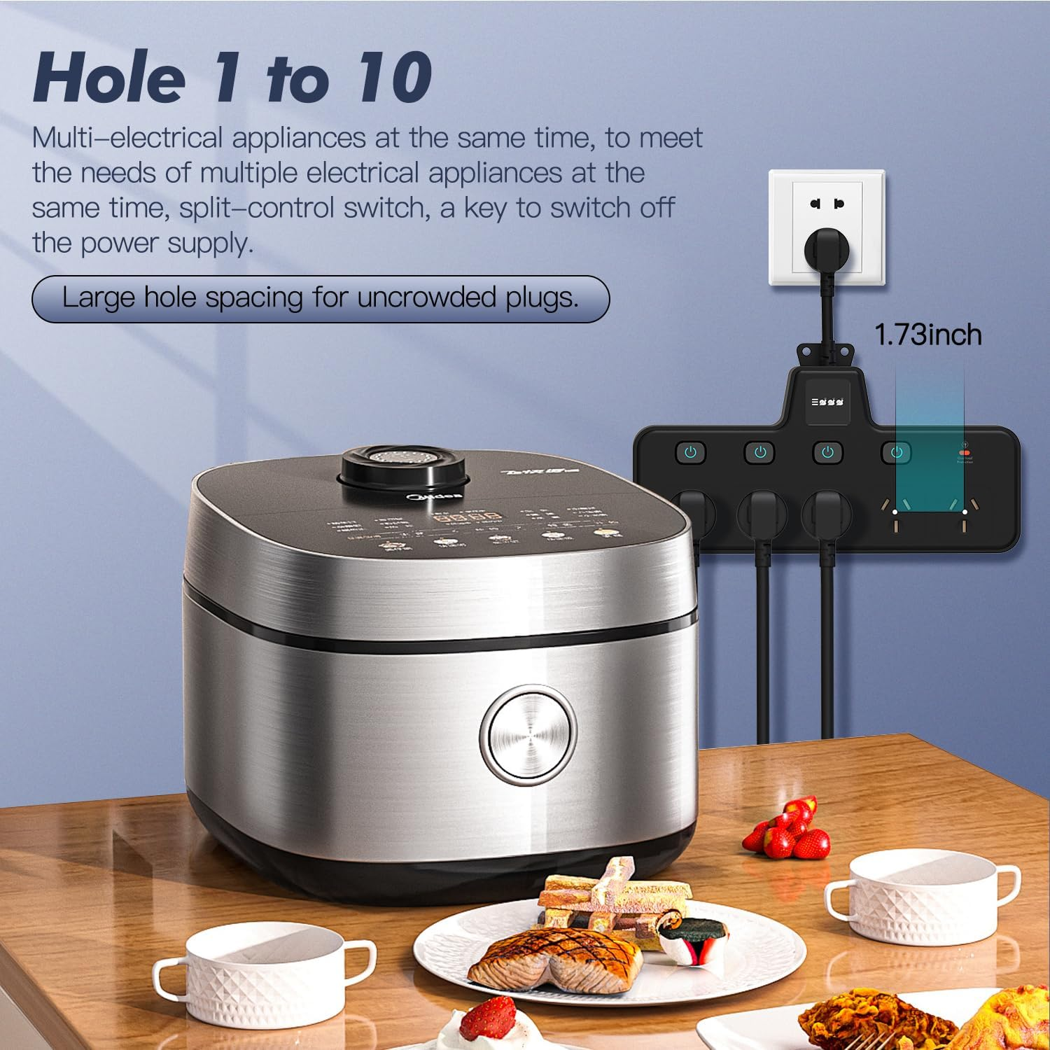 BOCHLION Power Strip with Independent Switches and Night Light Features 10 Socket Adapters, Suitable for Household Wall Plug Extension for Home, Office, and Travel (Black)