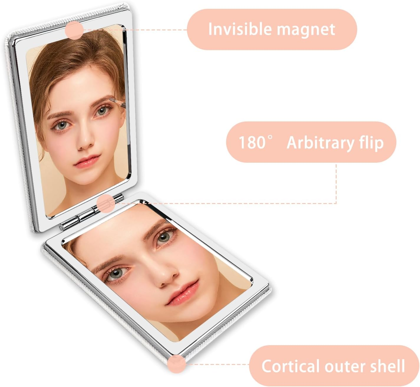 YOLCAR Portable Beauty Mirror with Leather Cover, Double-Sided 1X/2X PU Leather Makeup Small Pocket Mirror, Portable for for Women Home Office - White image number 5