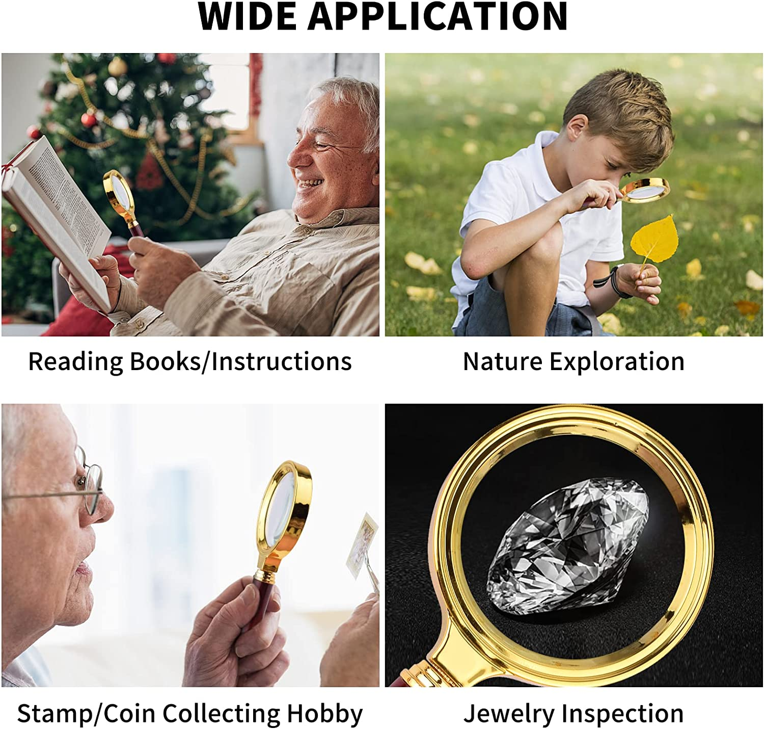 SAYEEC 10X Magnifying Glass, Handheld Reading Magnifier with Antique Mahogany Handle, 80Mm + 60Mm Magnify Glasses Lens, Magnifier Glass for Book Reading, Insect Observation, Classroom Science (2 Pcs) image number 5