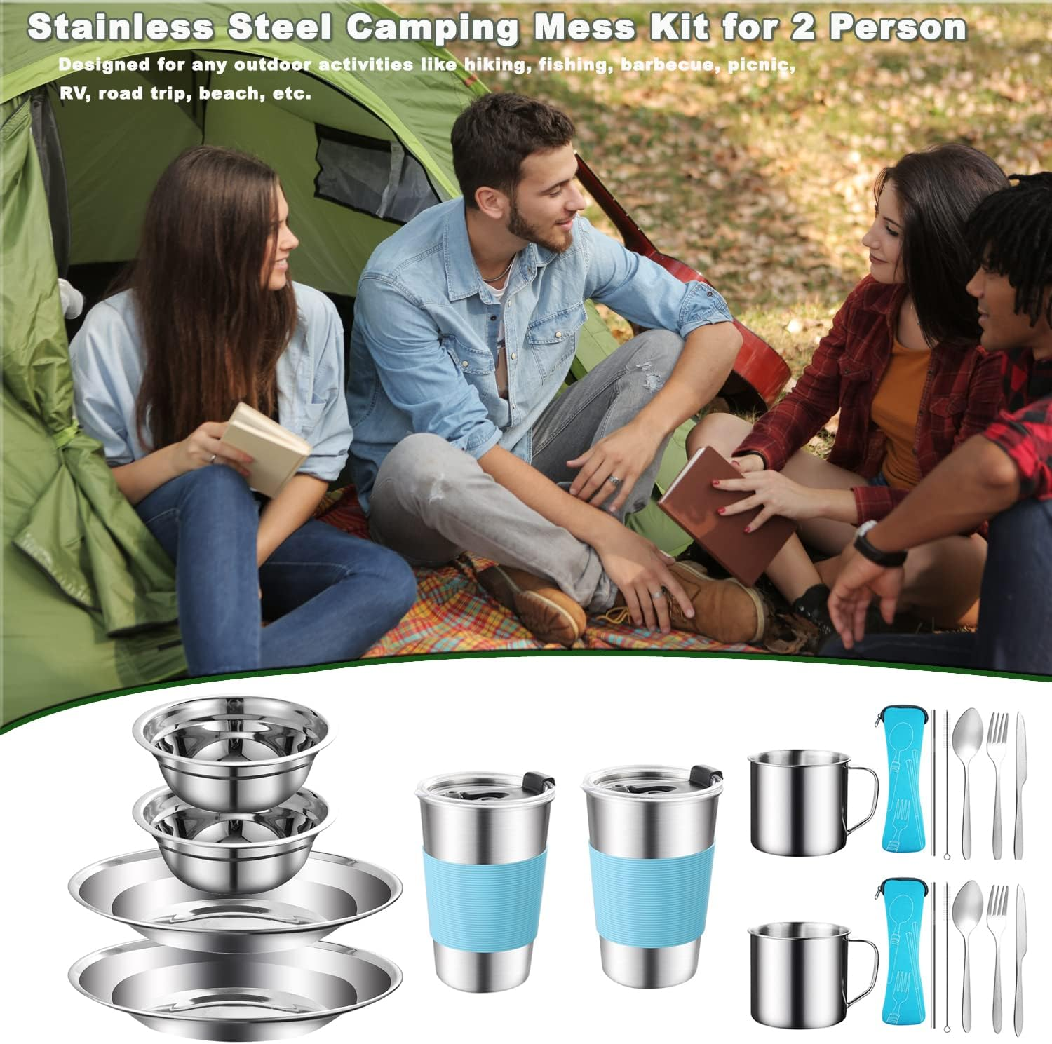 12Pcs Camping Mess Kit Camping Dishes Set Stainless Steel Tableware Mess Kit Includes Plate Bowl Cup Spoon Fork Knife in Mesh Bags for Camping Backpacking & Hiking for 1 Person&hellip;