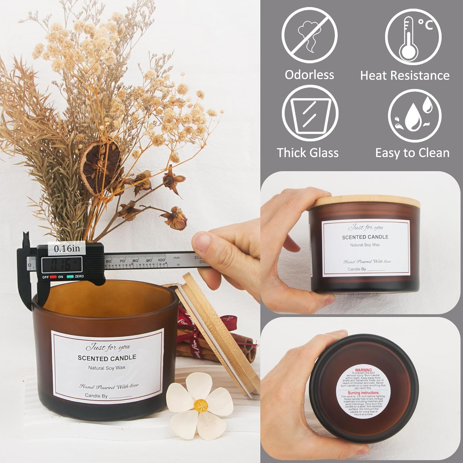 MILIVIXAY 6 X 16Oz Candle Jars with Bamboo Lids and Candle Making Kits - 3-Wick Candle Jar, Empty Frosted Amber Thick Jars for Making Large Candles - Spice image number 5