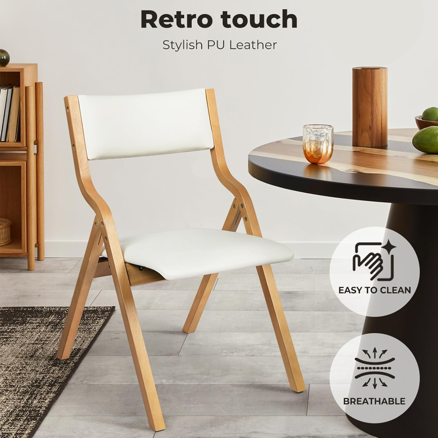 LEVEDE Set of 2 Folding Chairs, Full Assembly Dining Chairs, Solid Wood Frame Reading Seat, PU Leather Casual Chairs for Living Room, Cafe, Dining Room, Camping, Load up to 150Kg (Beige)