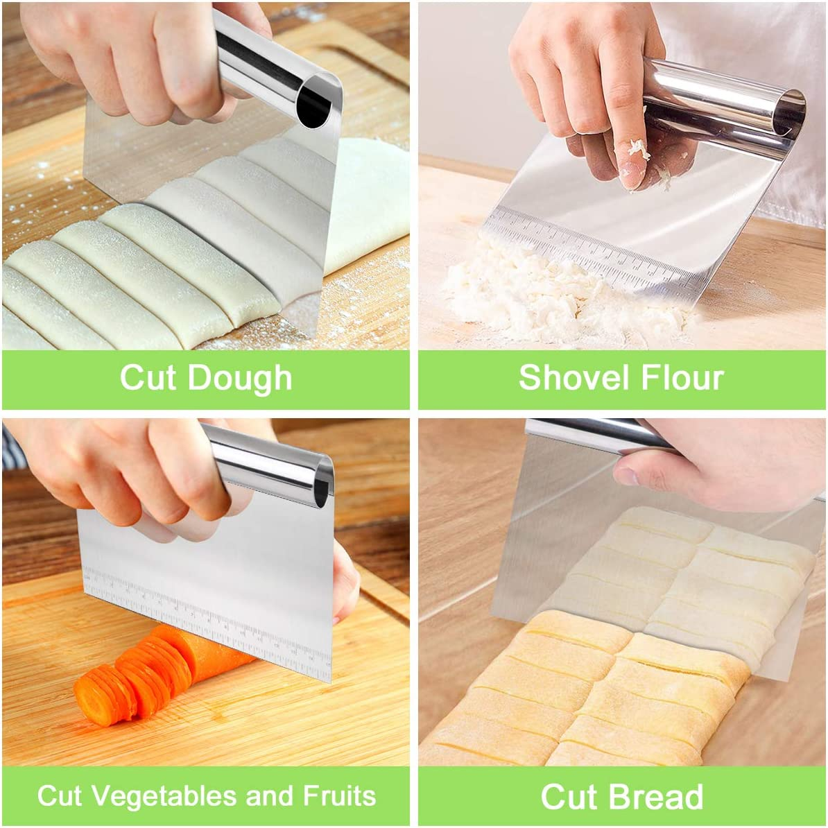 Vicloon 3 Pcs Dough Scraper Cutter, Stainless Steel Dough Scraper with Handle and Measuring Scale, Pastry Cutter Plastic Scraper Smoother Tool Set for Bread Pizza Cake Dough Baking Shaping image number 6