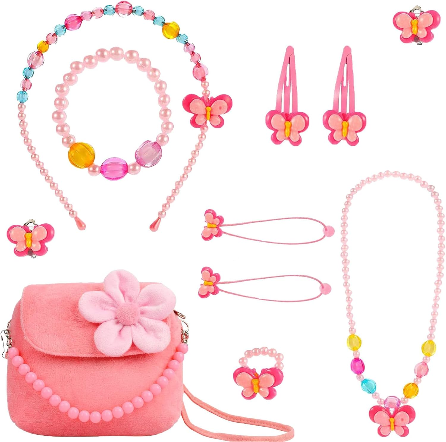 Children'S Jewelry Little Girl Plush Handbag Necklace Bracelet Ring Hair Clip Set, Princess Party Clothing Jewelry Party Favorite Dressing Pretend Game Gift image number 1