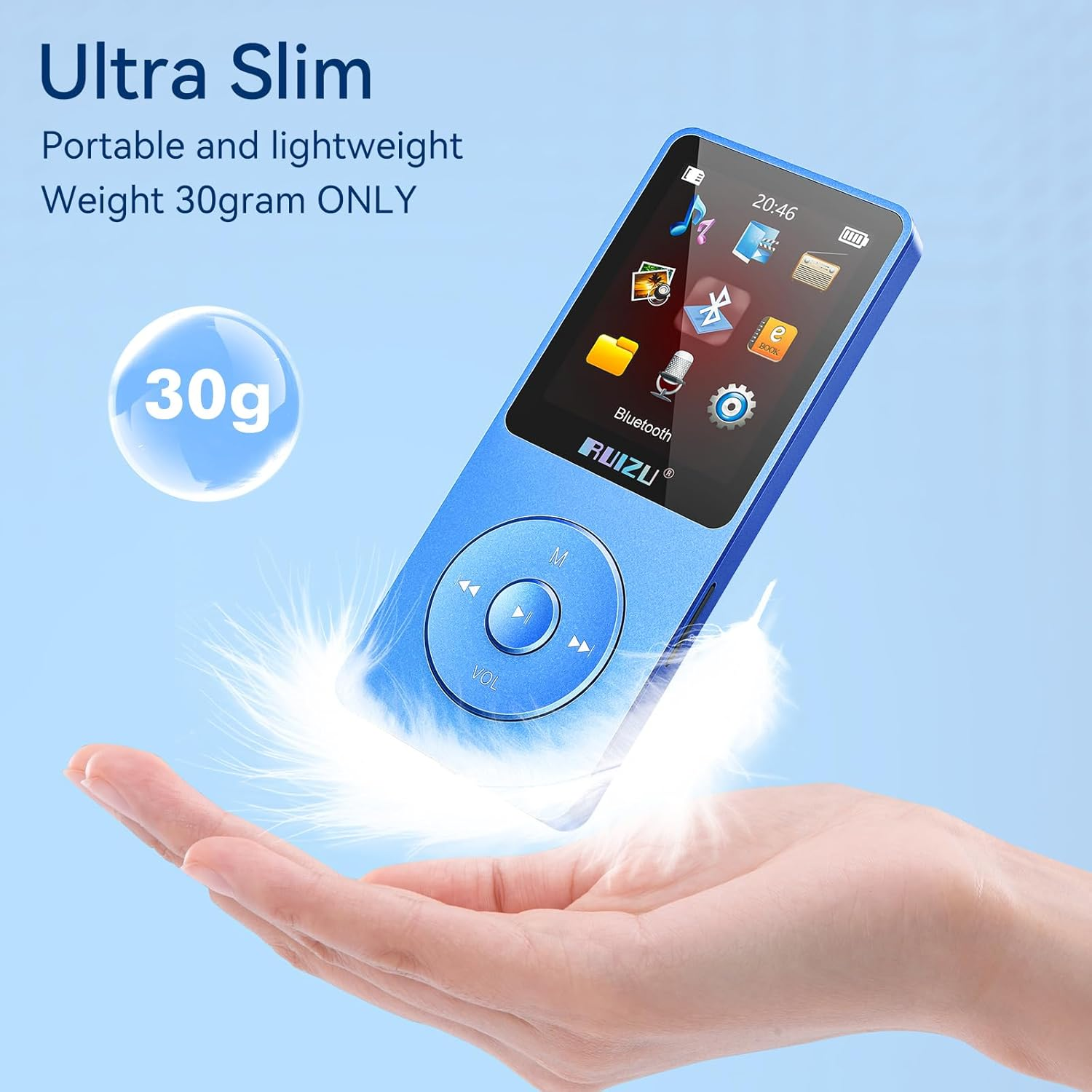 RUIZU 64GB MP3 Player with Bluetooth 5.3, 1.8 Inch Screen, 30Gram, Portable Music Player for Sports Running, FM Radio, Voice Recorder, Digital Audio Shuffle Playback, Support 128GB Micro SD Card, Blue image number 2
