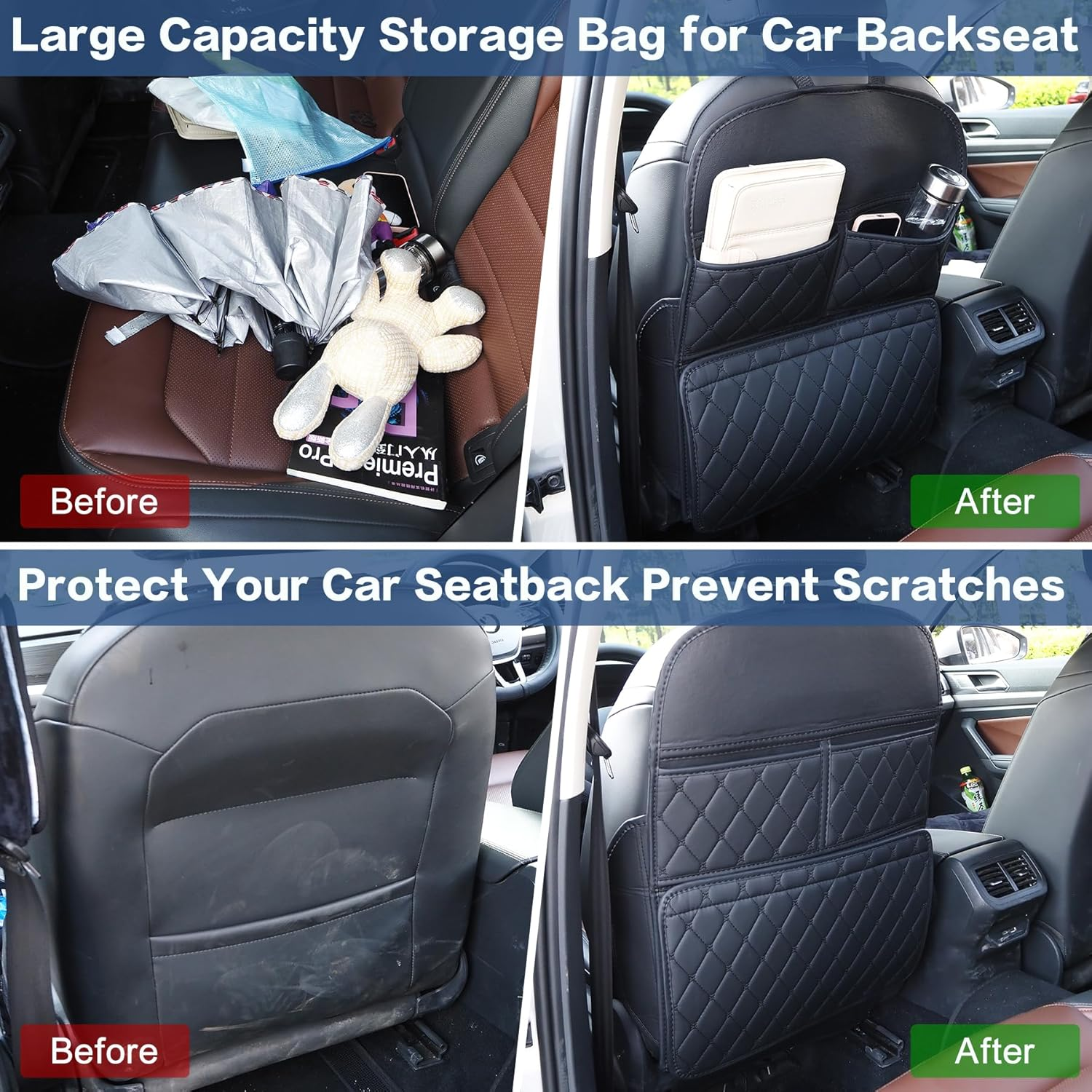 Car Backseat Organizer, Auto Seat Protector Kick Mat for Child Kids, Universal Leather Seat Back Cover with 3 Storage Pockets, Waterproof Anti-Fouling Seats Protection Accessories for Car SUV Truck