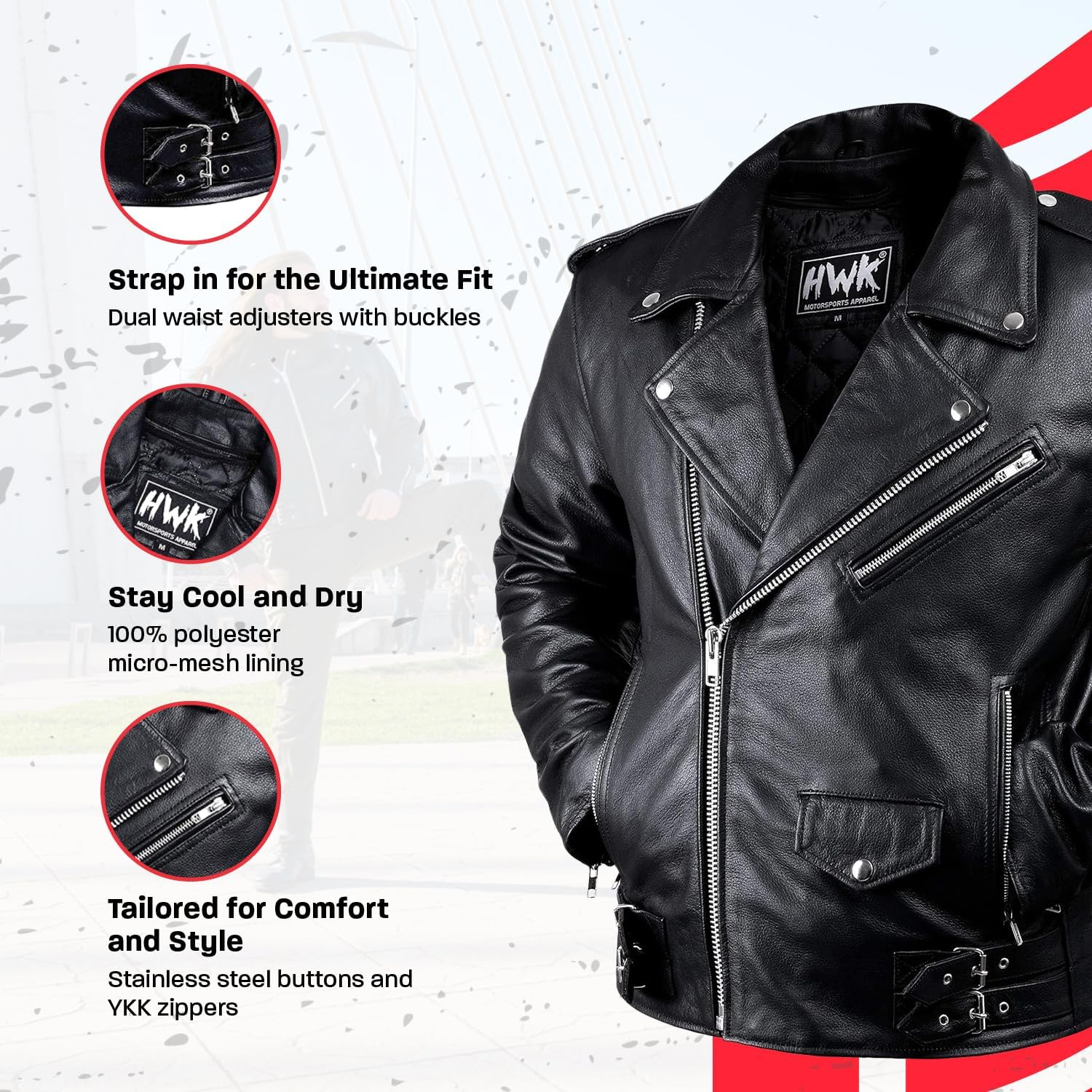 HWK Brando Leather Motorcycle Jacket for Men, Genuine Black Leather Jacket with Removable CE Armor for Motorbike Riding image number 4