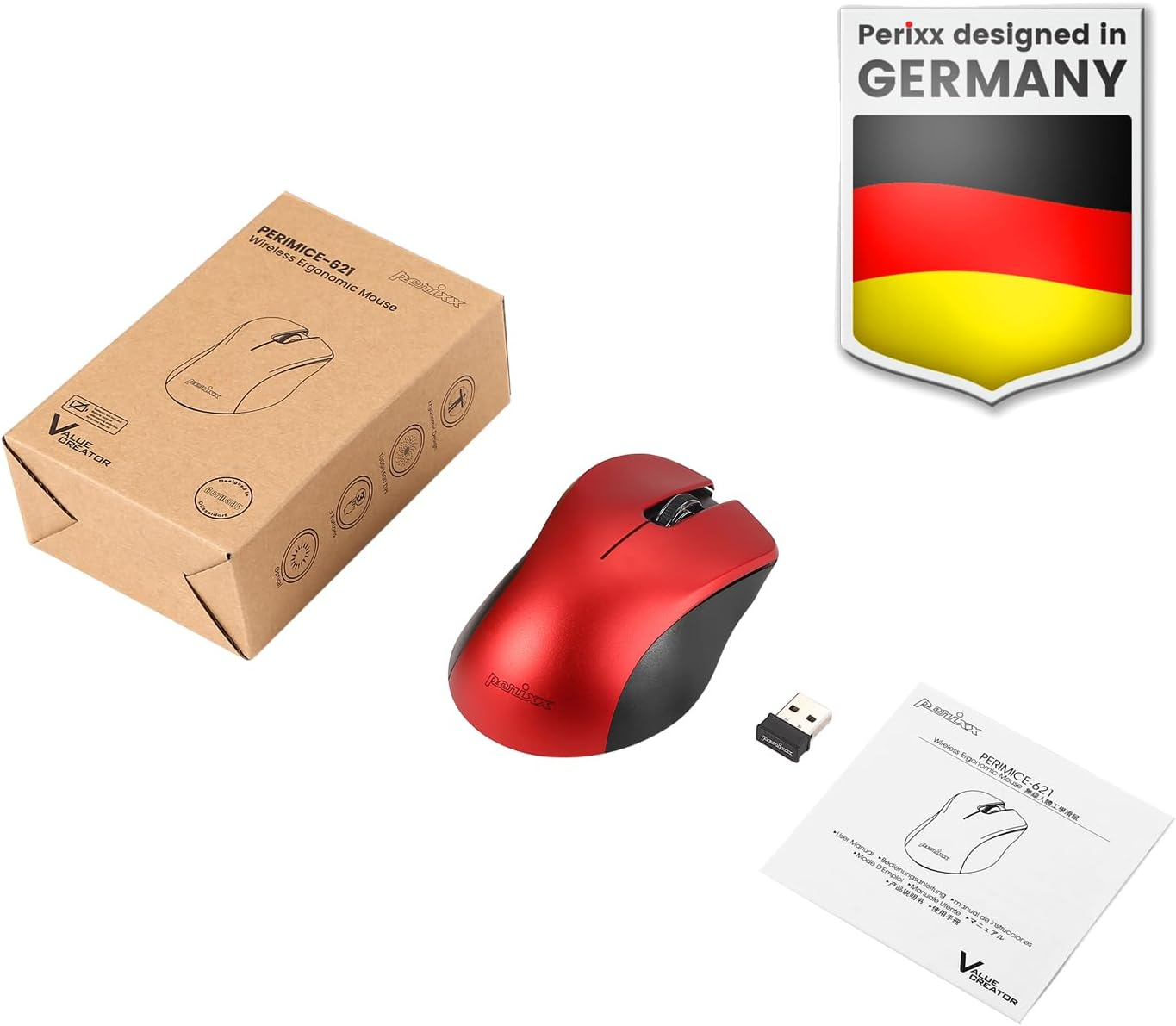Perixx PERIMICE-621M Wireless Mouse - Silent Click with Ergo Design - Compatible for Desktop and Laptop PC - Wireless 2.4 Ghz - Beige (Red) - Pink image number 4