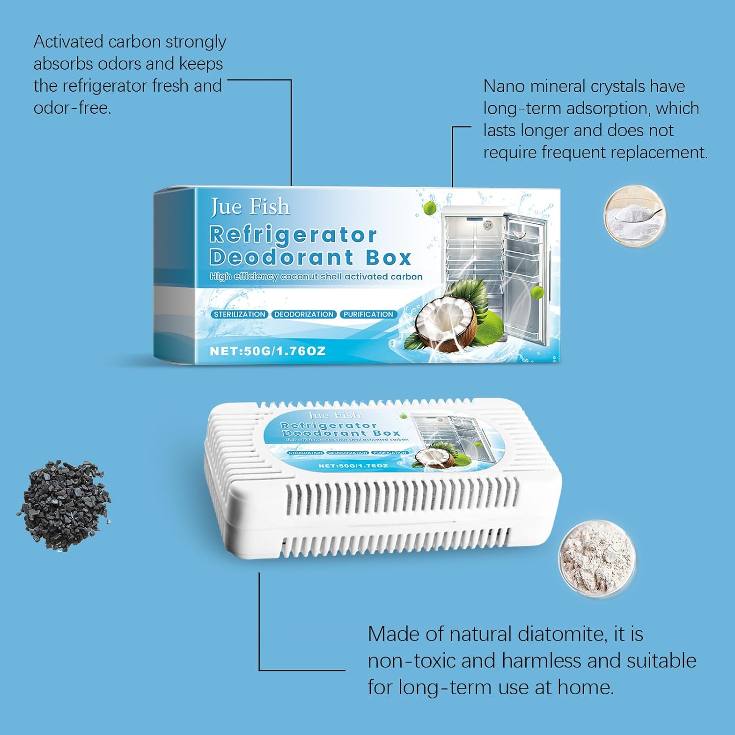 Refrigerator Deodorant Box, 50G, Activated Coconut Shell Carbon, Odour Remover image number 4