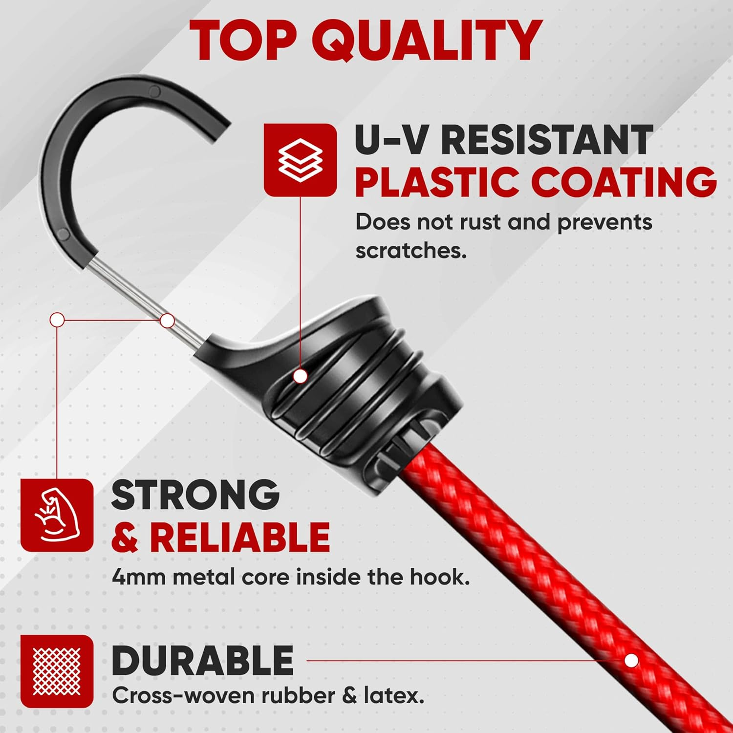 FORTEM Bungee Cord Assortment, 32Pk Bungee Cords Multi Pack, Includes 10", 18", 24", 32", 40" Bungees and 8" Canopy/Tarp Ball Ties, Plastic Coated Metal Hooks image number 4