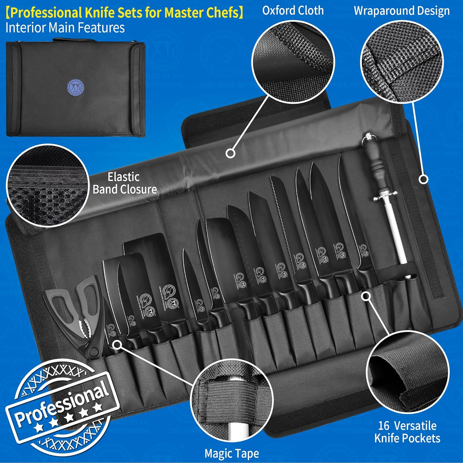 XYJ Knives,Professional Knife Sets for Master Chefs,Meat Cleaver Butcher for Camping,Chef Knife Set with Bag,Birthday Gifts for Women Men Presents (Full Black) image number 2