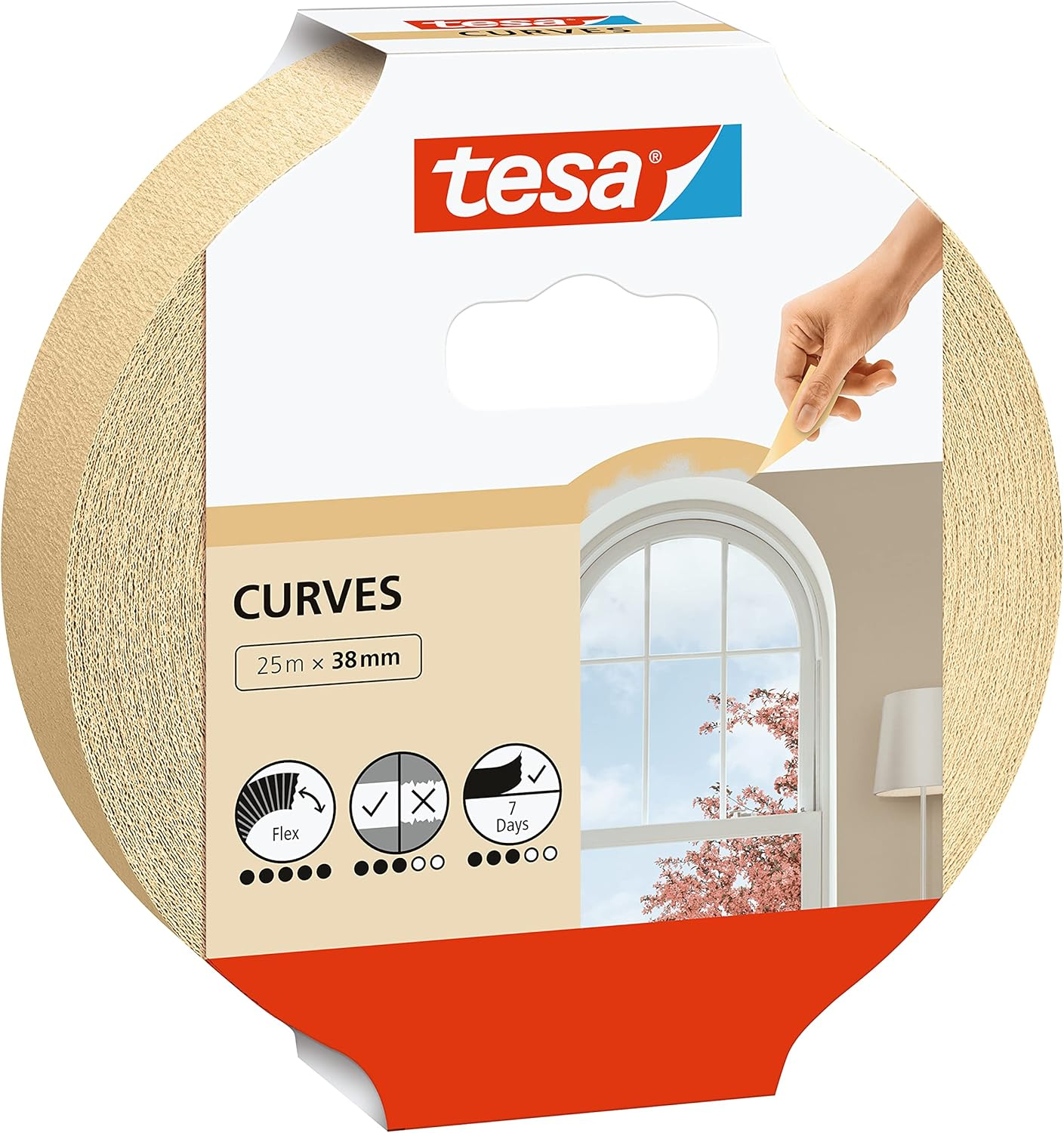 Tesa Masking Tape Curves - Curved Tape with Extra Strong Crepe for Masking Curves and Irregular Shapes - for Rough and Smooth Surfaces - 25 Mx 25 Mm image number 2