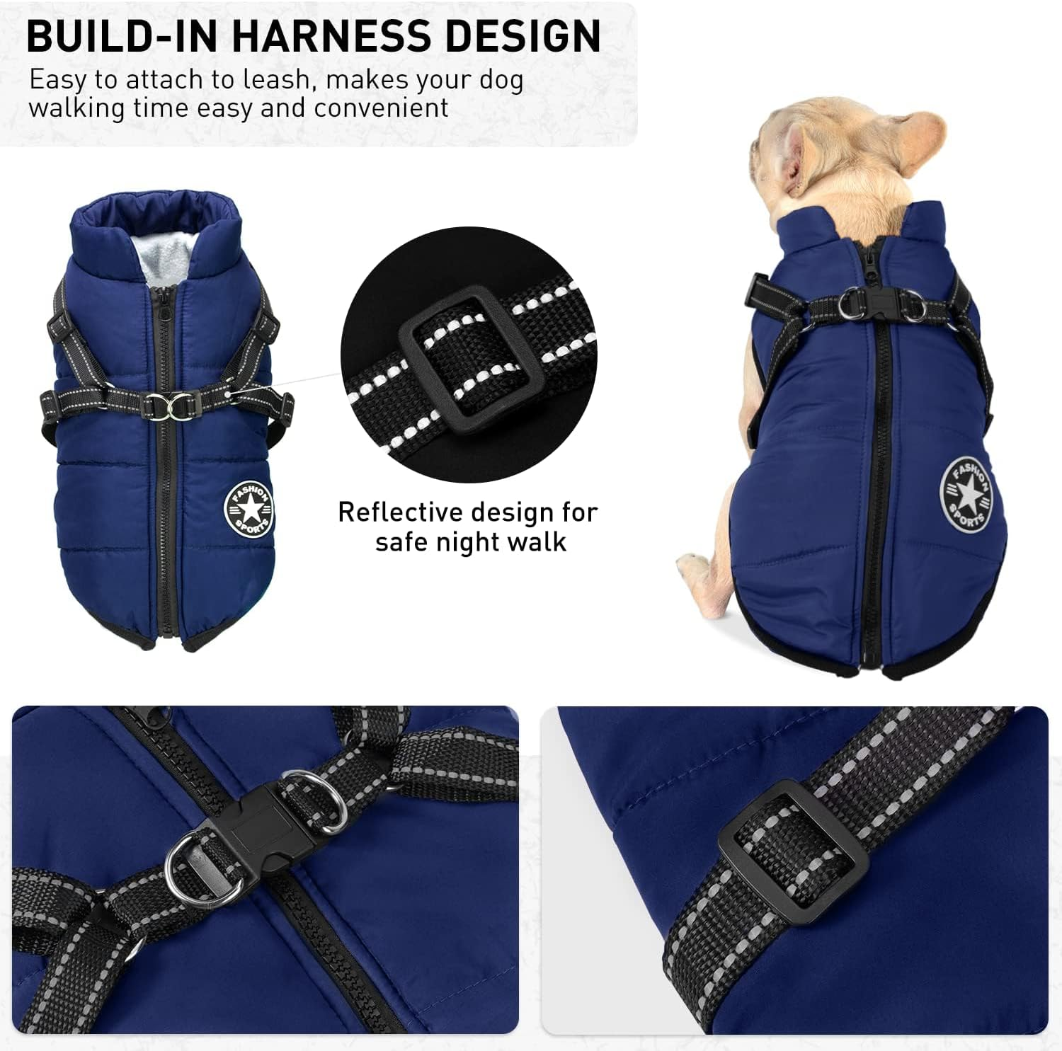 Small Dog Jacket with Harness, Outdoor Dog Sport Vest, Outdoor Warm Pet Winter Coat Harness for Cats Puppy Small Dogs (Blue, 4XL) image number 2