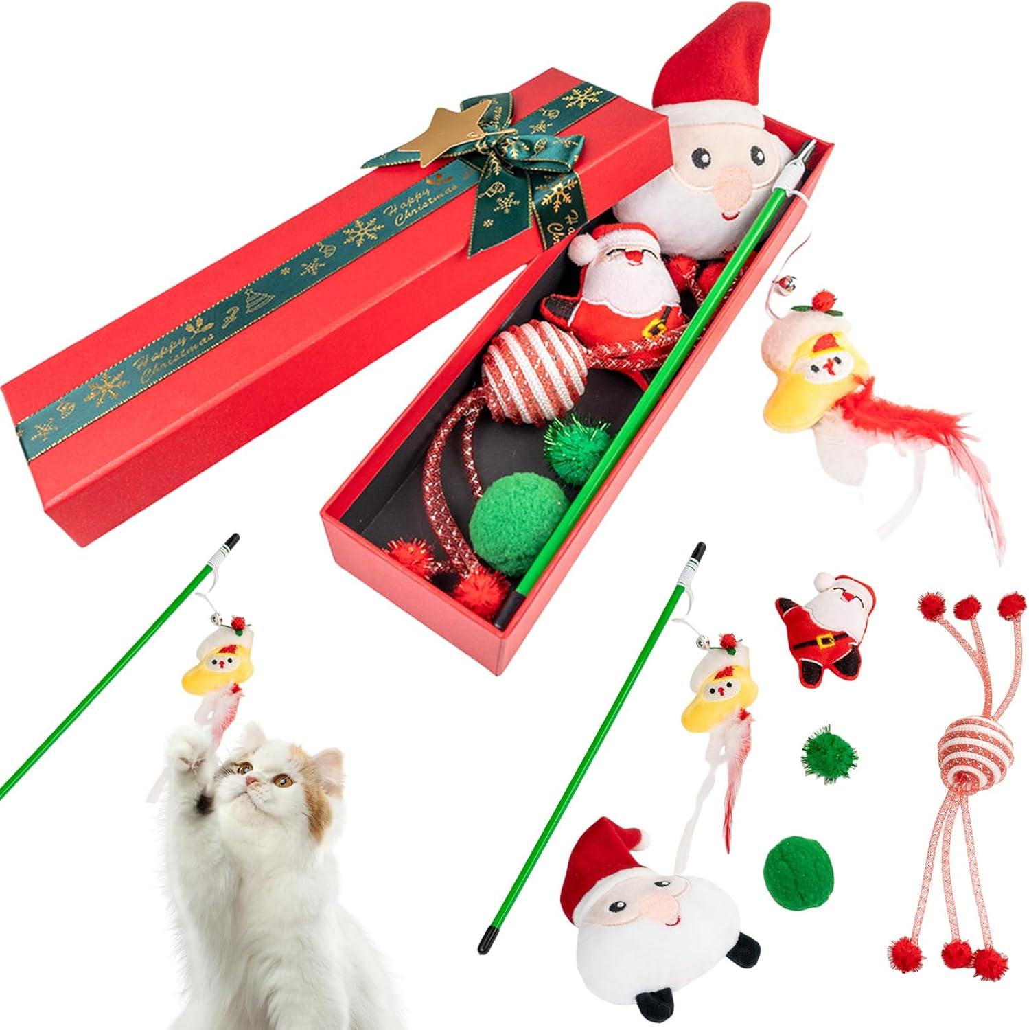 6Pcs Christmas Cat Toys Set, Interactive Toy for Cats with Gift Box Christmas Cat Plush Toy with Bells, Cat Teaser Wand, Santa Christmas Kitten Toys Indoor Cat Ball Toys Christmas Toy Gifts for Kitten image number 4