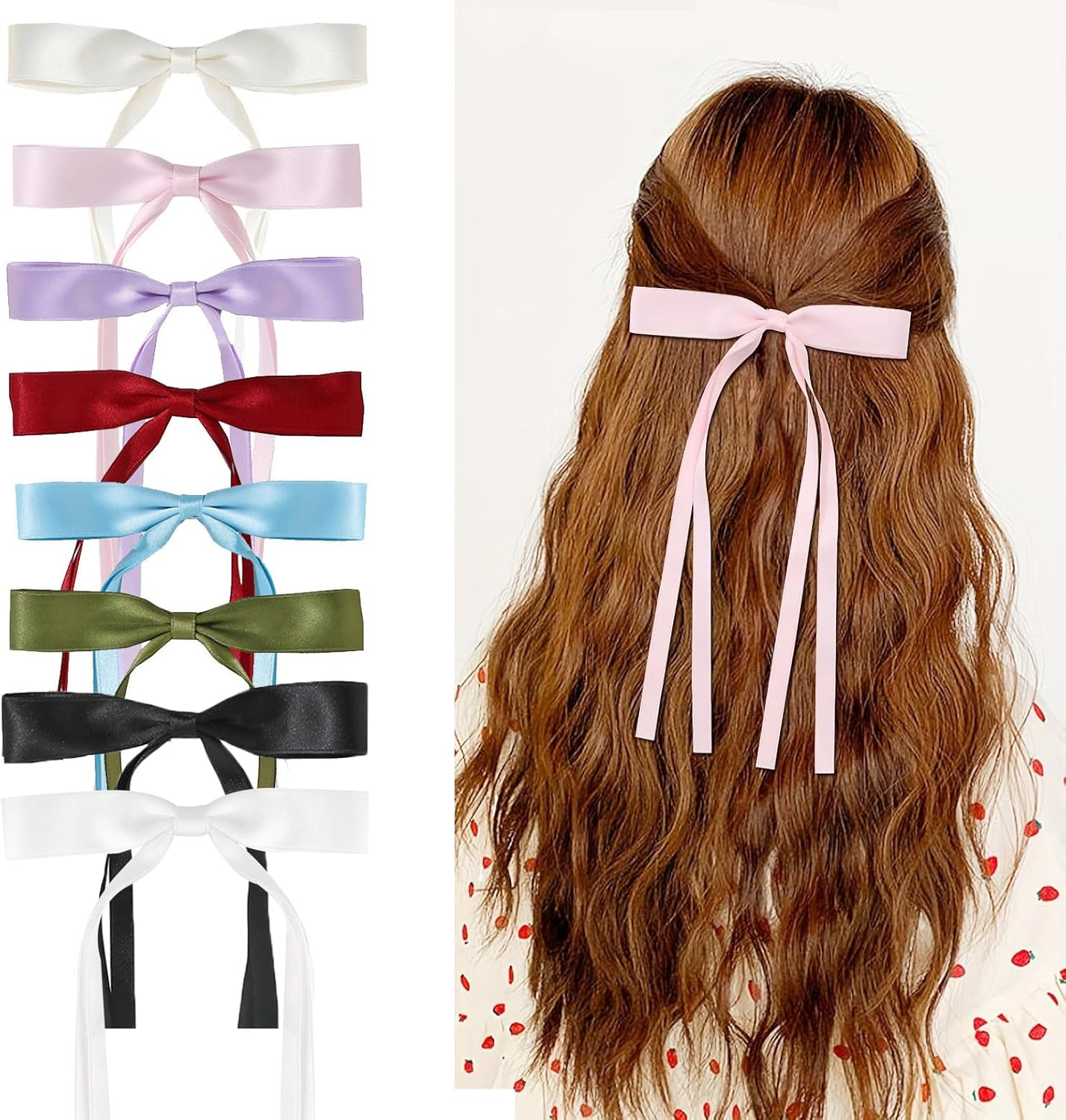 SUNTRADE 8Pcs Hair Bow Clips for Women, Cute Bow Hair Clips Tassel Ribbon Bows for Hair with Long Tail