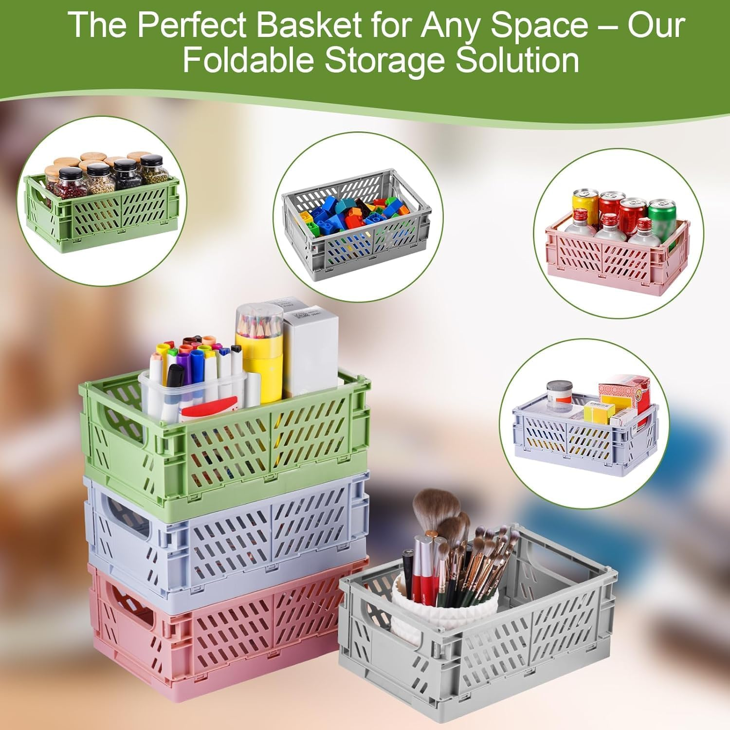 2-Pack Pastel Storage Crates, Plastic Crates, Baskets for Organizing, Collapsible Storage Crates for Bedroom Decor Classroom Office Kitchen Bathroom Home (Grey, 9.8" X 6.5" X 3.8") image number 3
