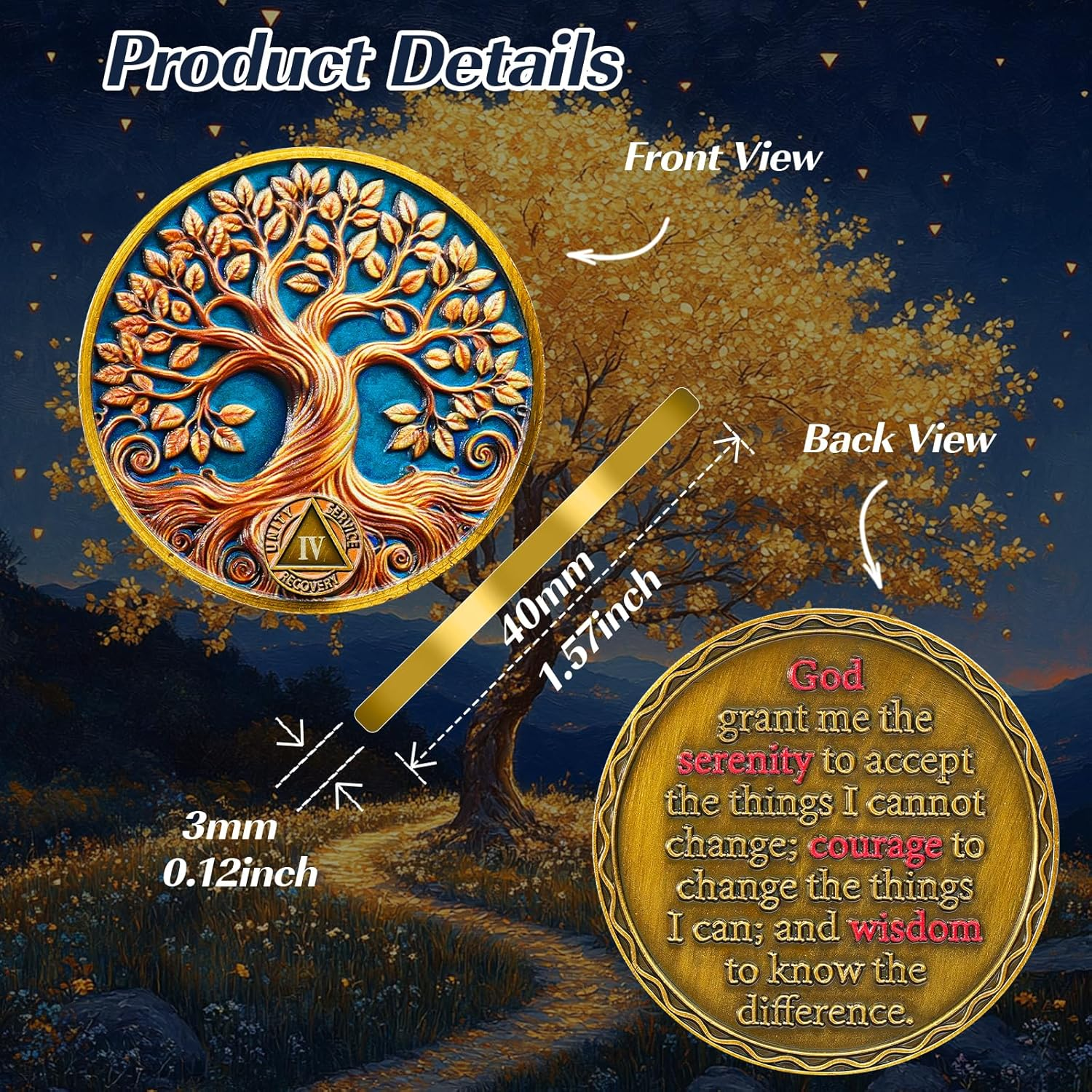 Gold Leaf Tree 4 Year Sobriety Coin， Affirmation NA Coin, Addiction Recovery Four Year Sober Chip, Celebrating Recovery Anniversary Token, Narcotics Anonymous Sobriety Gifts for Men Women image number 1