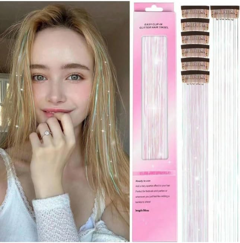 6 Pieces Clip in Glitter Tinsel Hair Extensions. Festival, Party, Dress Up, Glamour, Glitter 20 Inches - Heat Resistant (Bright Blue) - Bright Blue image number 5