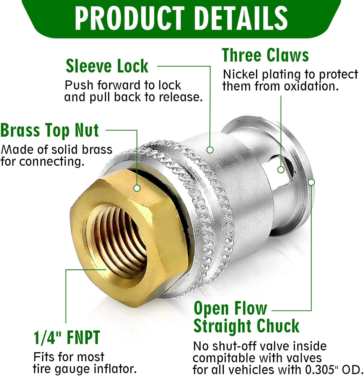 4 Pcs Air Chuck for Tires, anti Leakage Lock on Air Chuck 1/4'' FNPT Locking Tire Inflator Chuck Quick Connector Lock Air Chuck Heavy Duty Brass Tire Chuck Closed Flow for Air Compressor image number 2
