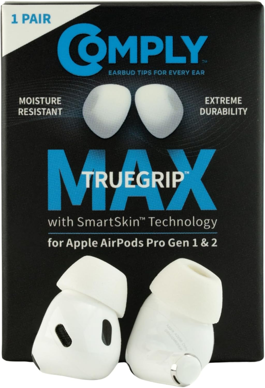 Comply Truegrip MAX | Premium Memory Foam Replacement Earbud Tips for Apple Airpods Pro 1 & 2 | Long Lasting Comfort, Extreme Durability, Secure Fit, Superior Noise Isolation| White (Small) (3 Pairs)