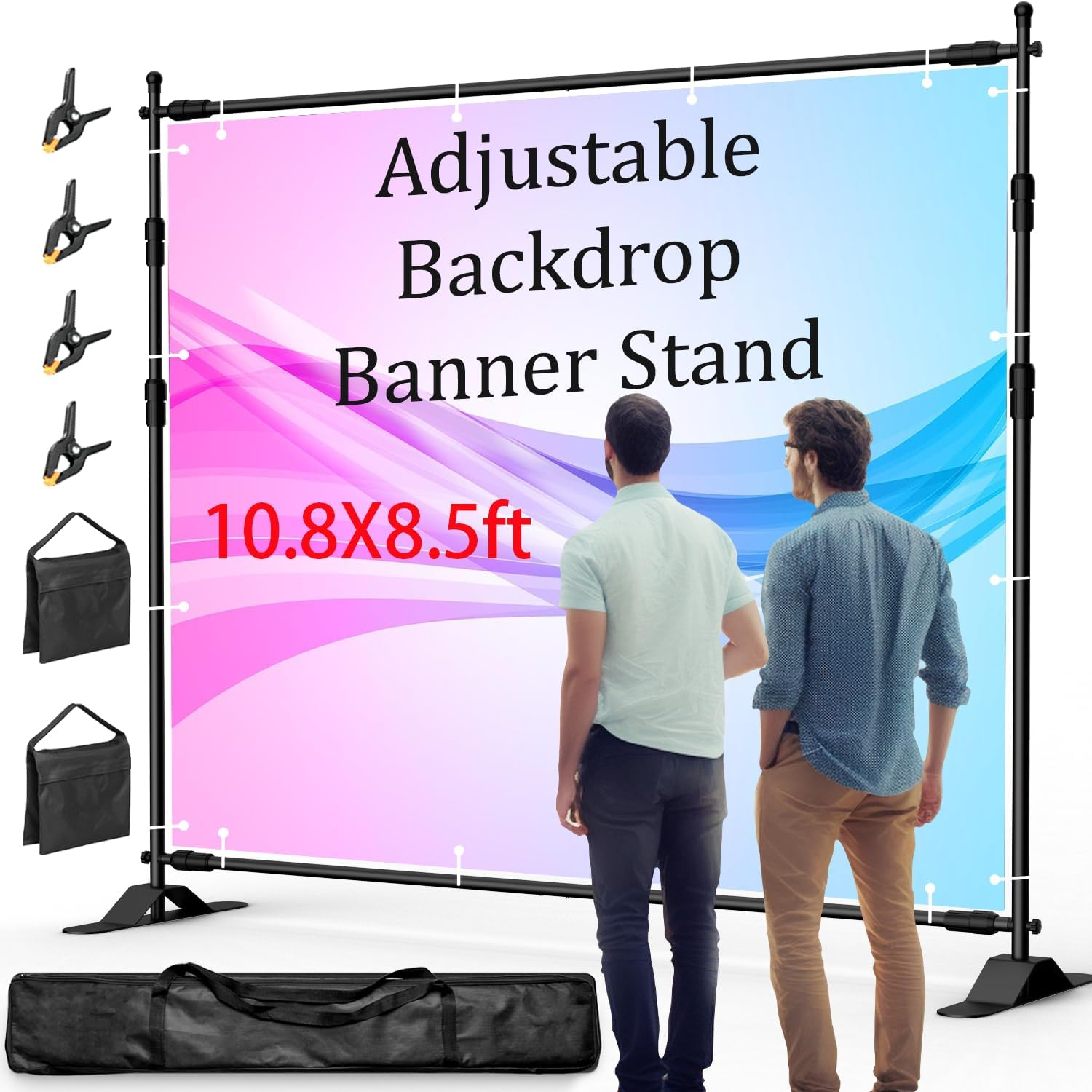 Ruikca Backdrop Banner Stand, 10X8Ft Adjustable Heavy-Duty Photo Studio Background Stand, with 4 Spring Clips, 2 Sandbags, and Carrying Bag, for Weddings, Parties, Photo Shoots, Trade Shows image number 2