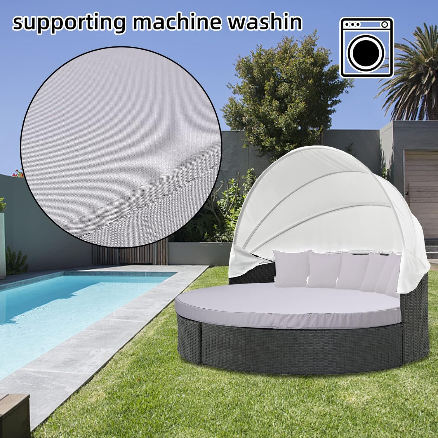 MICTONY Outdoor Daybed Cushion Cover, 66" Replacement Daybed Cover with Elastic Band, Sun Bed Cushion Cover, Outdoor round Bed Cushion, Cover ONLY (Daybed NOT Included), Grey - Grey image number 5