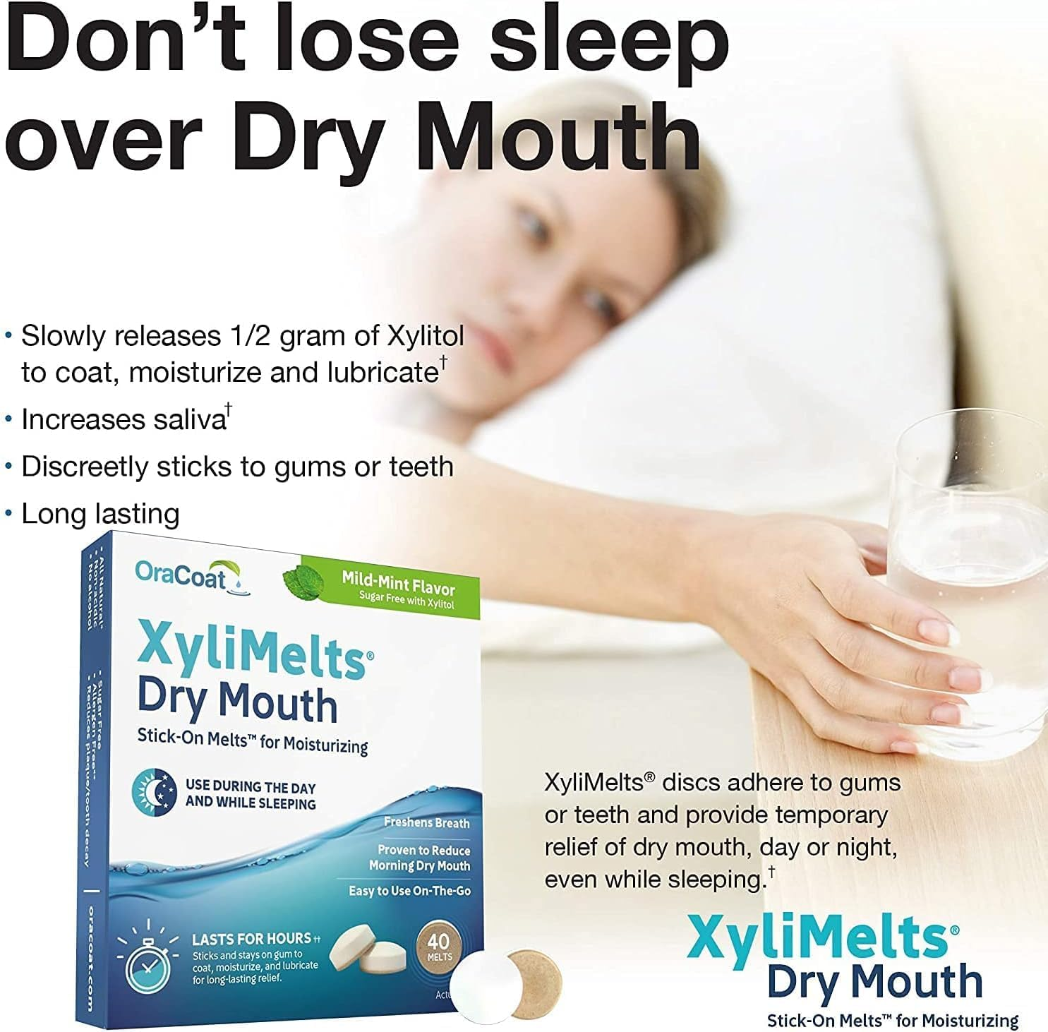 Oracoat Xylimelts Dry Mouth Relief Discs &ndash;Mild Mint with Xylitol &ndash;Oral Adhering Discs for Day & Night Use &ndash; ARTG Listed &ndash; Non-Acidic, Time-Release Formula, 3 Packs (120)