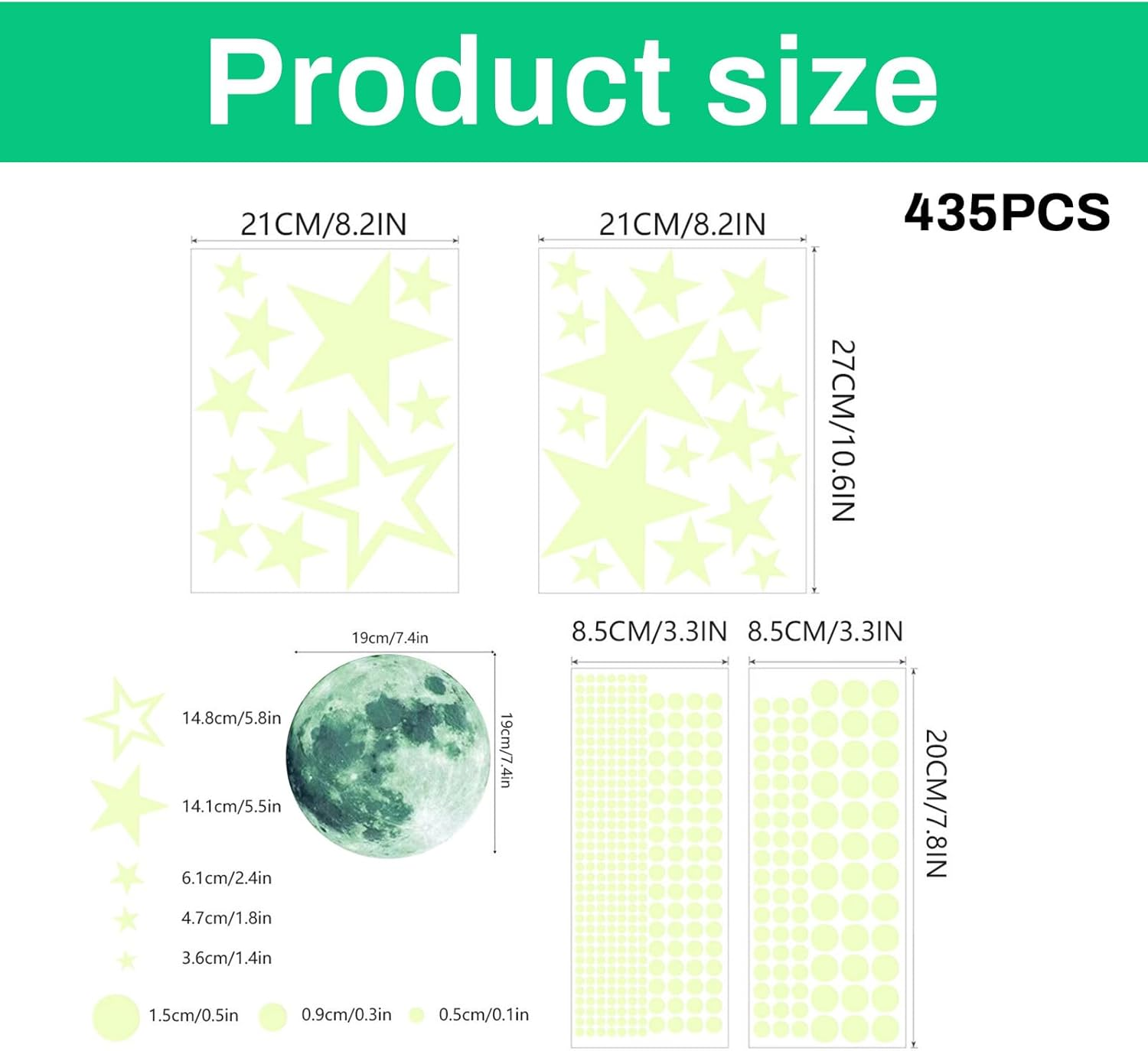 Glow in the Dark Wall Stickers,435 Pcs Glow in the Dark Stars and Moon Wall Decals,Star Stickers,For Ceiling or Walls,For Kids Boys Girl Bedroom,Bedroom Living Room Decoration (Green) image number 5