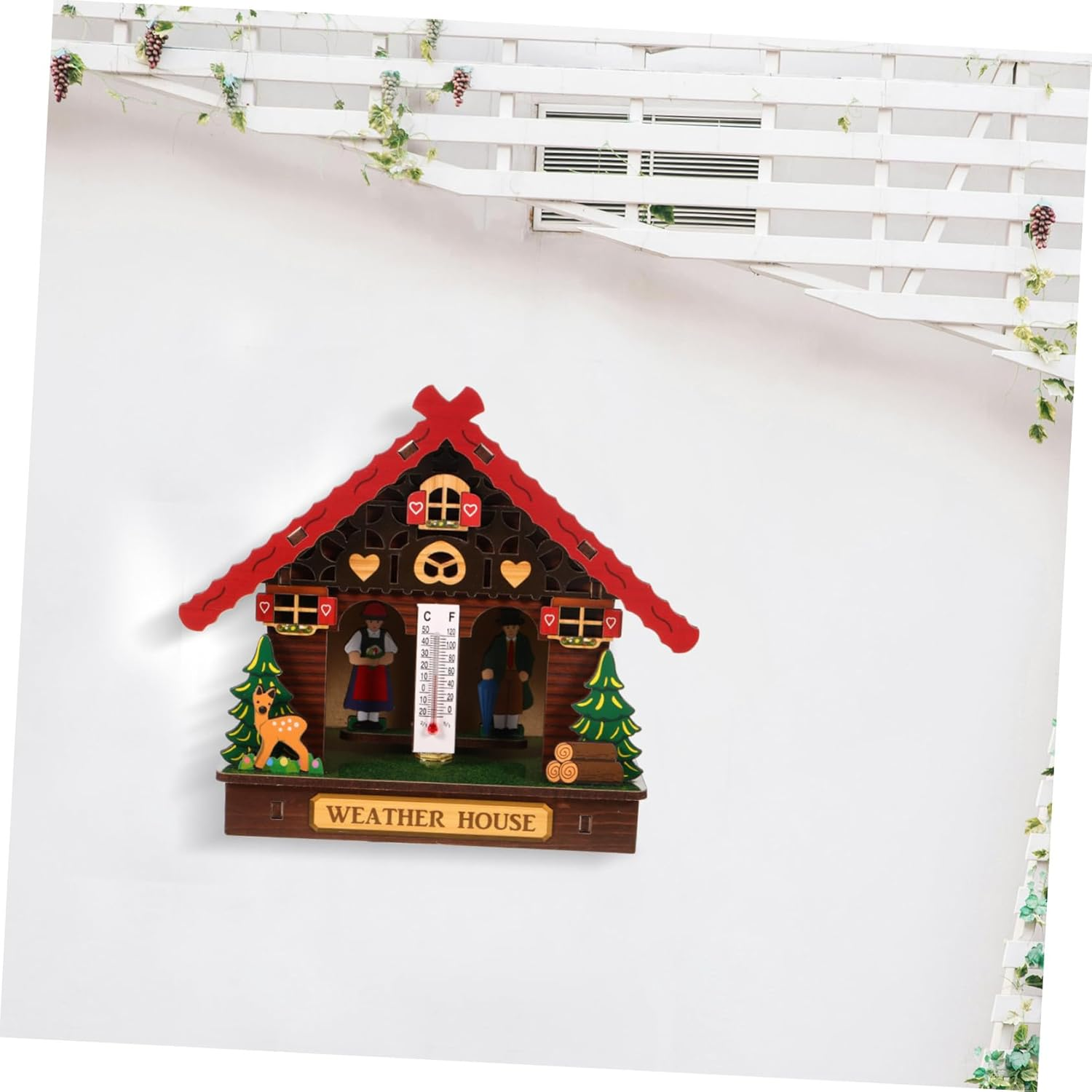 Wall Mounted Weather Station with Barometer Thermometer Hygrometer Indoor Outdoor Temperature Monitor Simple Battery Operation Wooden House Design for Home and Patio