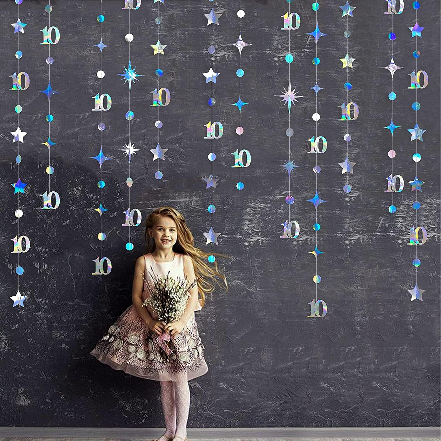 Iridescent 10Th Polka Dot Star Garland Streamer Holographic Metallic Paper 10 Sign Hanging Bunting Banner for Boys Girls Happy 10 Years Old Double Digits Ten Birthday 10Th Anniversary Party Decoration image number 4