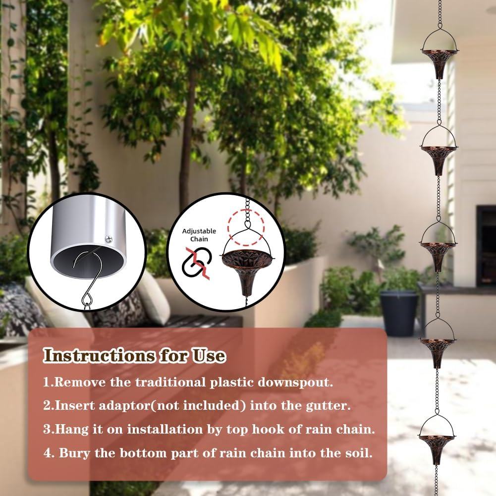 9.7Ft Outdoor Rain Chain with 10 Funnel Shaped Cups Adjustable Rain Chain for Gutters, Eaves, Drains, Replacement Downspouts image number 3