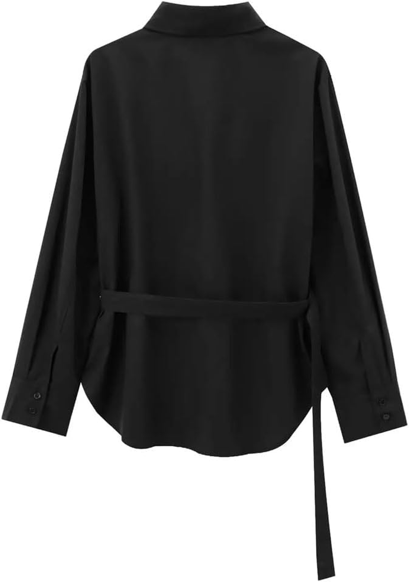 Womens Solid Color Fitted Belt Shirt Loose Casual Long Sleeve Top Button down Office Work Blouse image number 5