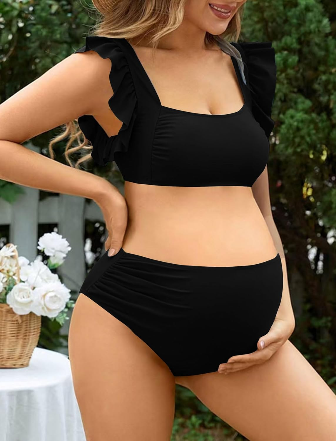 Maternity Swimsuit for Women High Waisted Bikini Set Pregnancy Bathing Suits Two Piece Swimwear image number 3