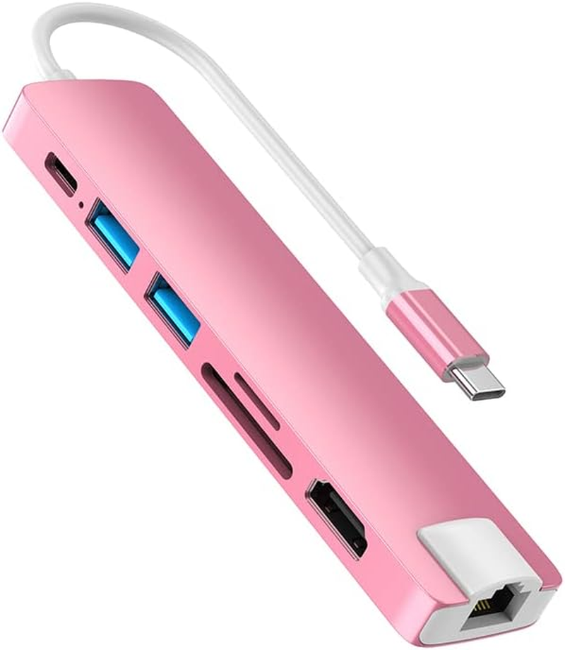 USB C Hub Multiport Adapter, 7-In-1 USB-C Hub with Ethernet,4K HDMI,55W Power Delivery, SD/TF Card Slots, USB 3.0 Data Ports, for Macbook Pro, Macbook Air, Ipad Pro, Switch PS4 (Pink) image number 1