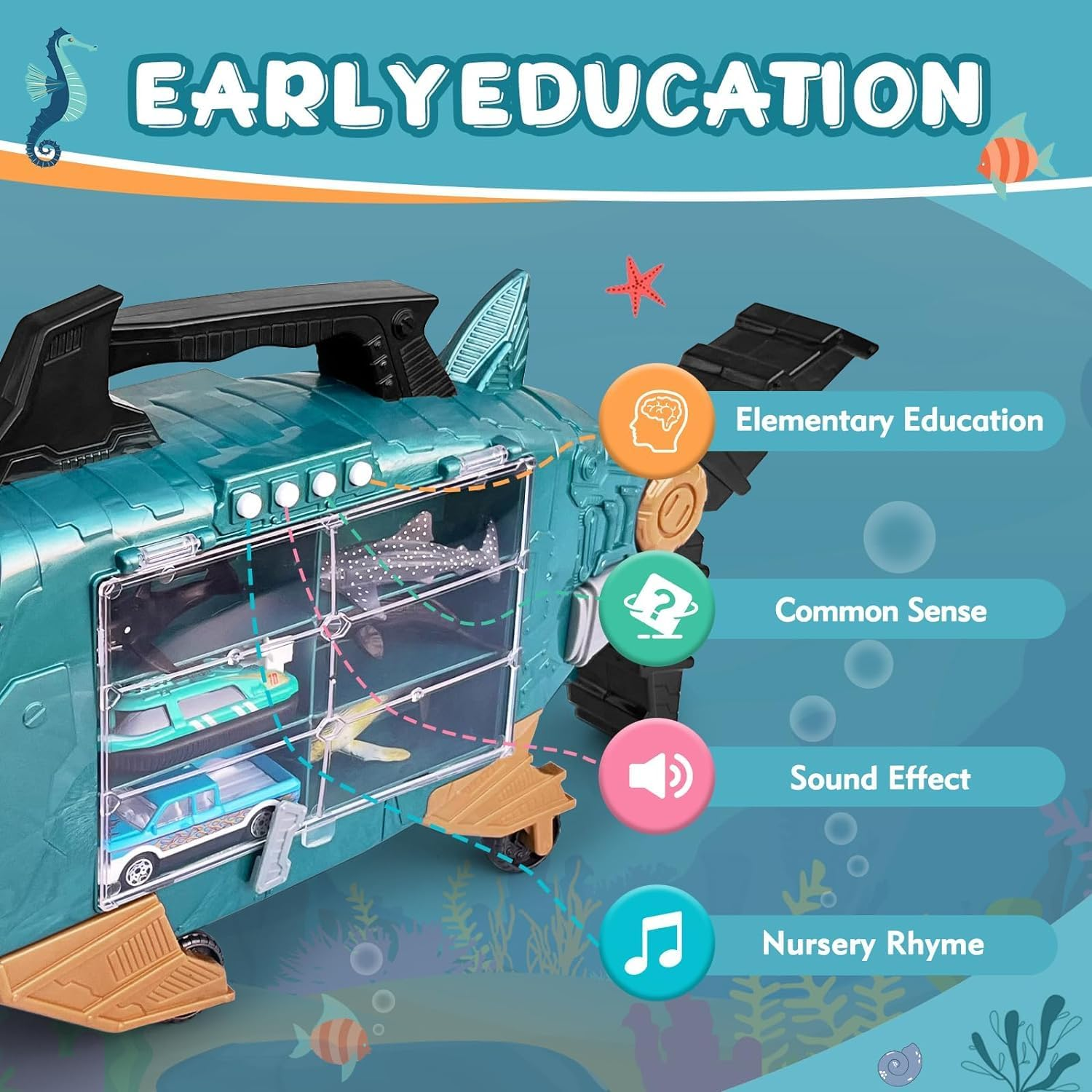 Shark Toys with Led, Music Ocean Animals Toys, Shark Truck Toys with 2Pcs Toy Trucks, 2Pcs Shark Cars,18Pcs Sea Animal Toys for 3+ Year Old Kids image number 2