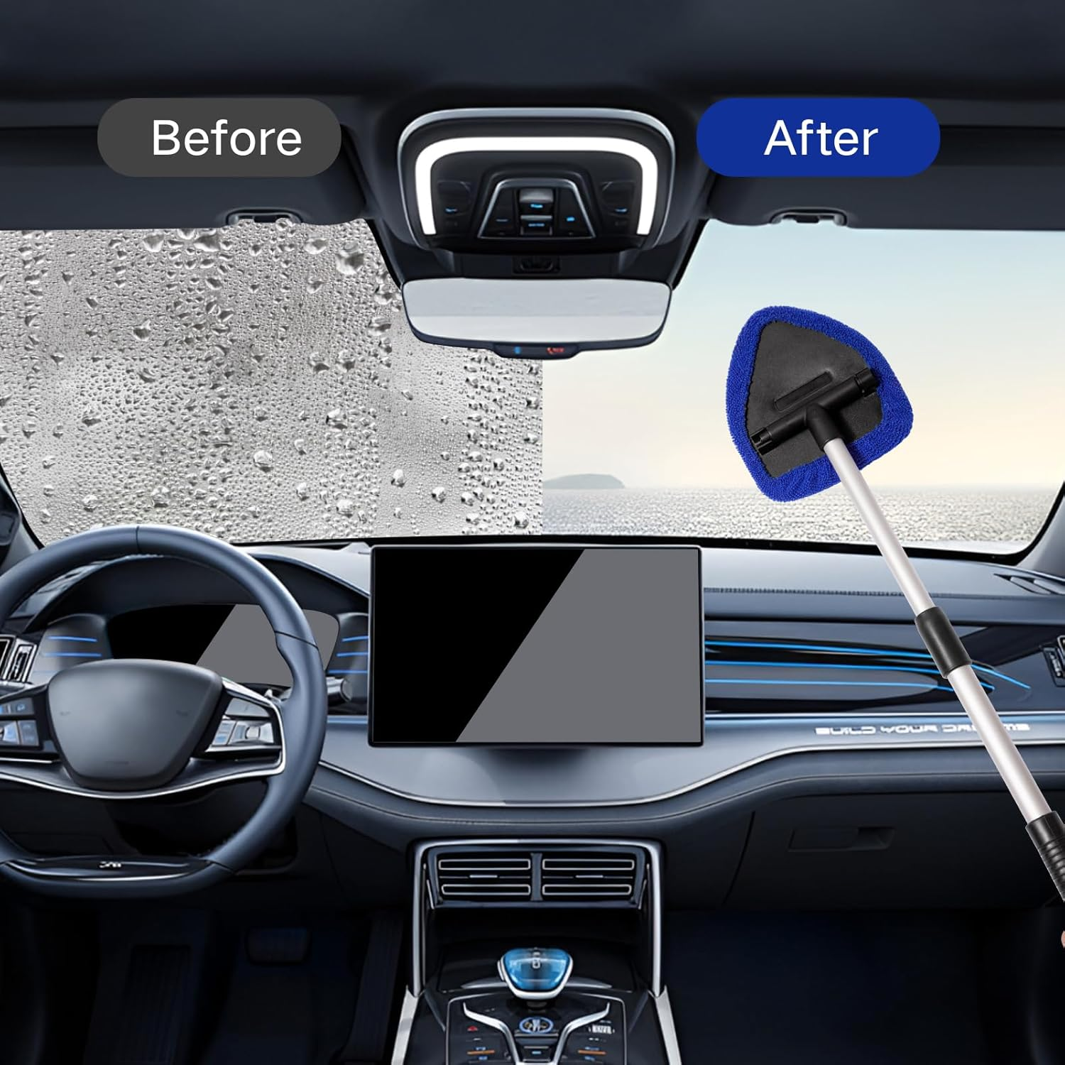 7Pcs Windshield Cleaner Tool Car Window Cleaning Wash Kit with 4 Reusable Microfiber Pads 1 Spray Bottle and Extendable Handle Auto Glass Wiper Kit, Blue - Blue image number 2