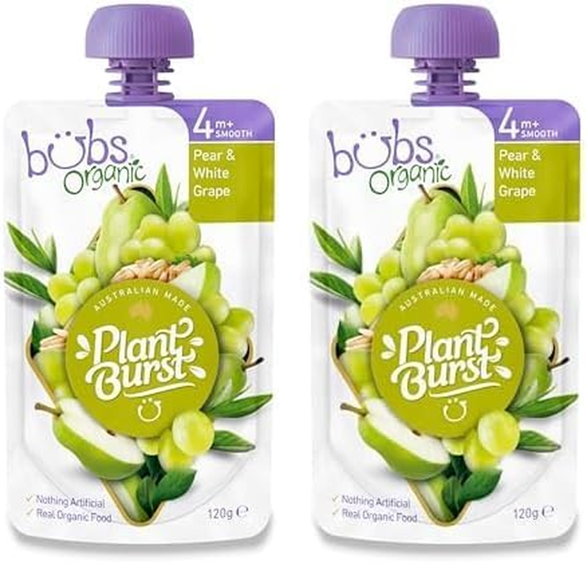 Bubs Organic Pear & White Grape Pouch, 4+ Months Baby Food, Fruit Puree Snack, 120G (Pack of 6 Pouches) image number 1
