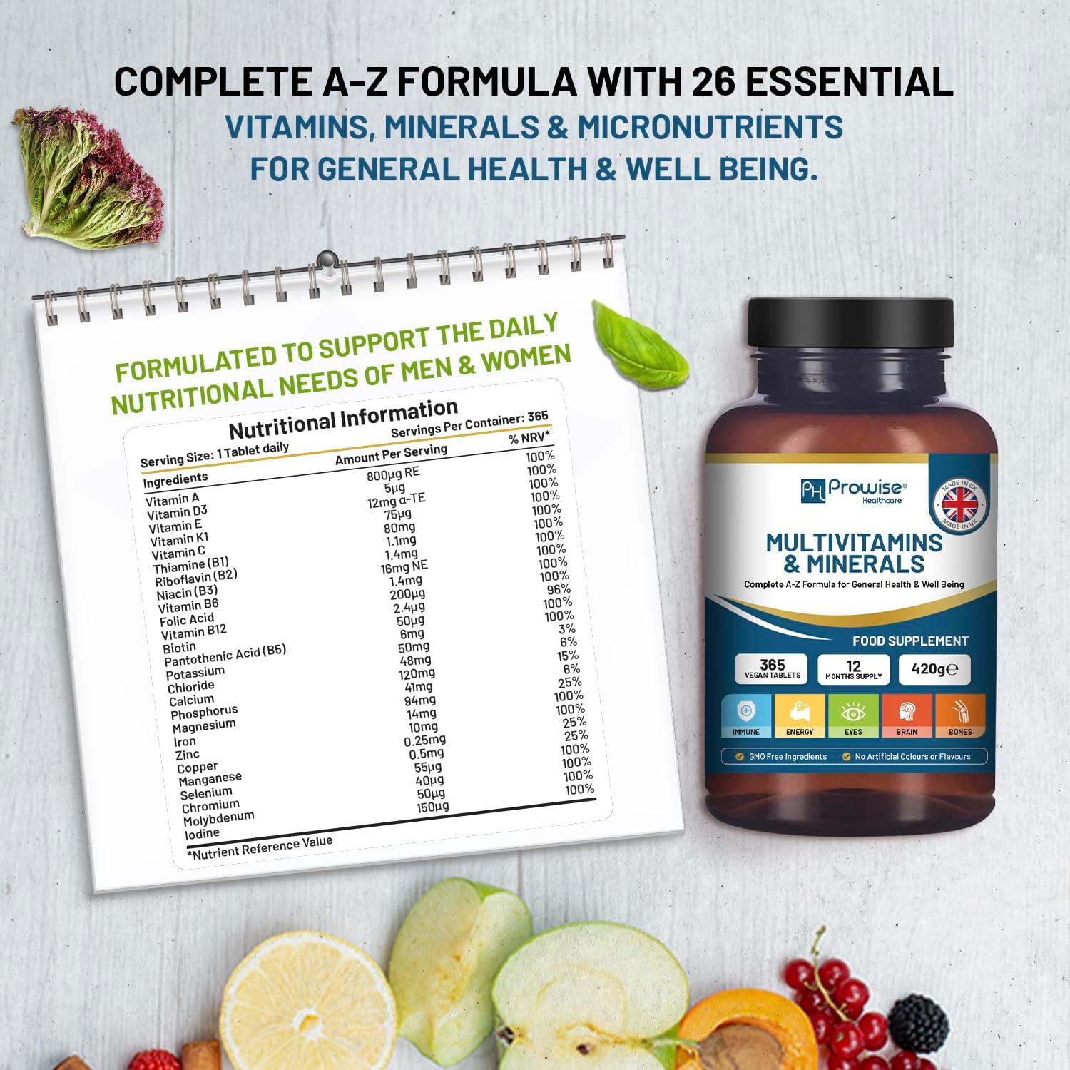 A-Z Multivitamins & Minerals I 365 Vegan Tablets (1 Year Supply) I 26 Essential Active Vitamins, Minerals & Micronutrients for Men and Women I Made in the UK by Prowise Healthcare image number 2
