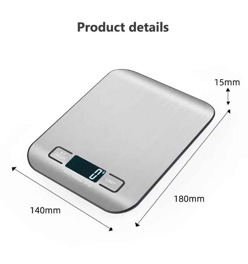Versa Essentials Digital Kitchen Scale with LCD Display, 10Kg/1G Stainless Steel Kitchen Scale for Food Cooking Coffee Baking, Waterproof Surface and Tare Function, Batteries Included