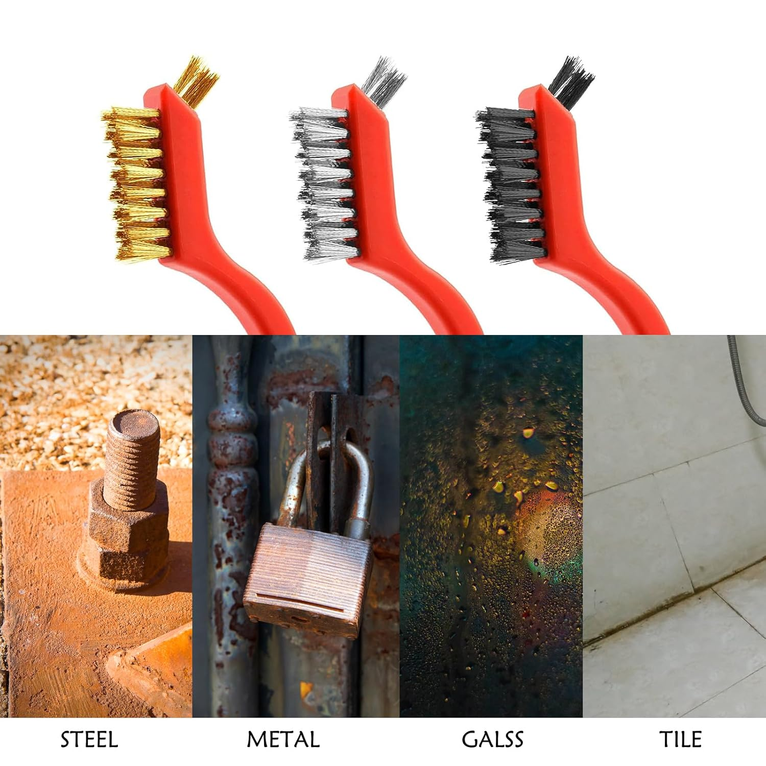 Wire Brush 3Pcs Metal Scrubber - Nylon/Brass/Stainless Steel Bristles with Curved Handle Grip for Cleaning Rust Removal, Dirt, Paint Scrubbing with Deep Cleaning &ndash; 7 Inches image number 5