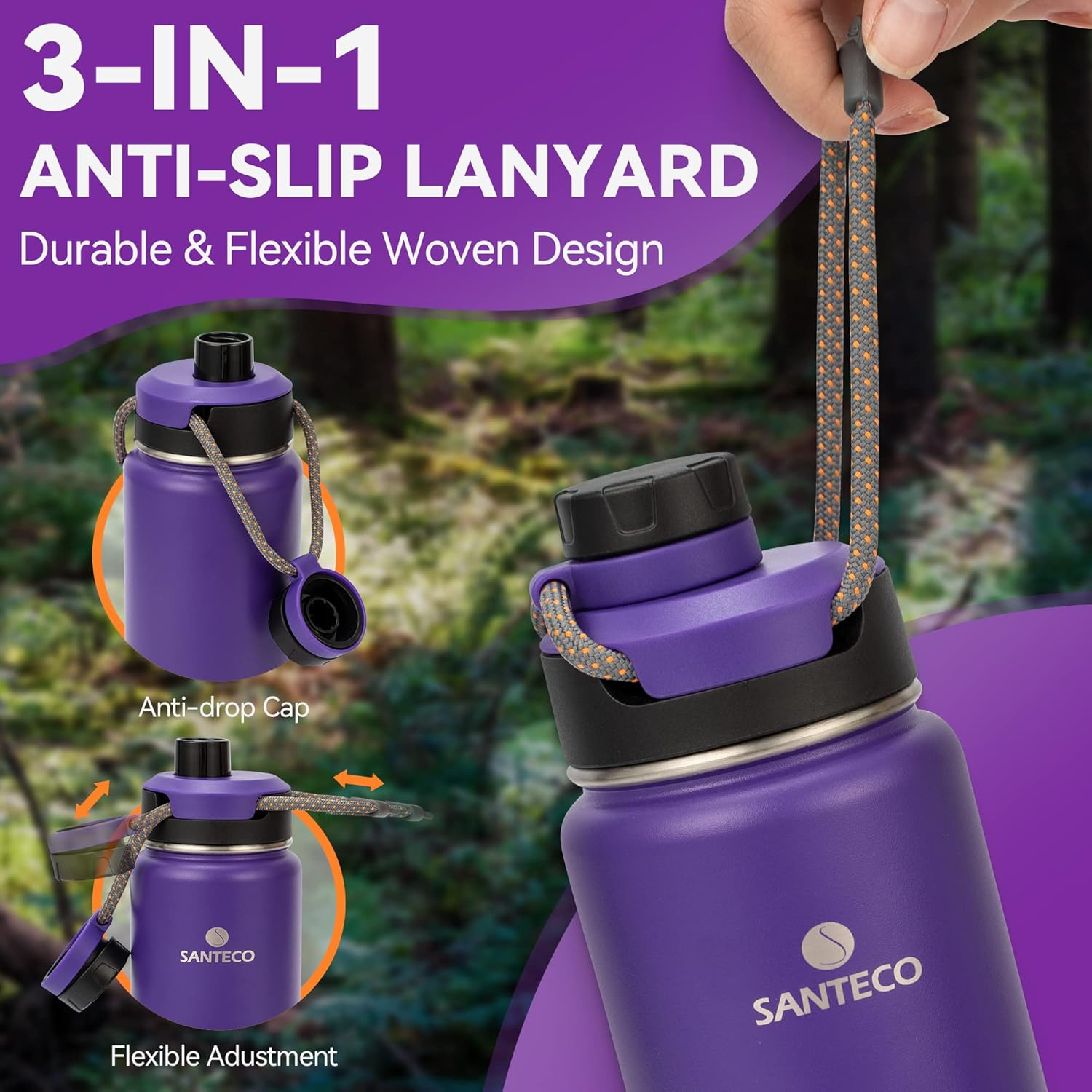 Santeco Insulated Water Bottles 24 Oz, Stainless Steel Flask with Lanyard & Wide Mouth Spout Lid, Leak Proof Double Wall Vacuum Drink Bottle, Keep Drinks Hot & Cold for Hiking Camping - Purple image number 7
