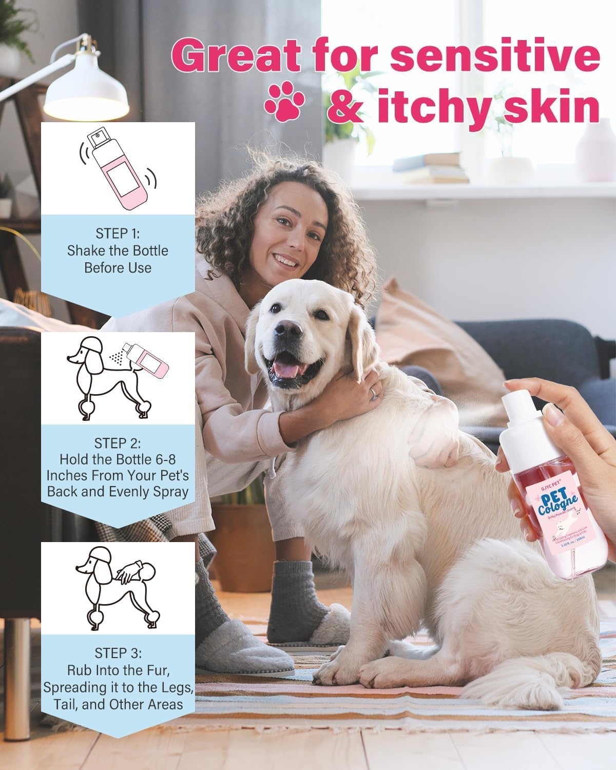 GJYC PET Dog & Cat Perfume | Long-Lasting Baby Powder Scent Deodorizing Spray | Fur-Conditioning Cologne, Non-Sticky Formula | Travel-Friendly, 3.38 Fl. Oz image number 2