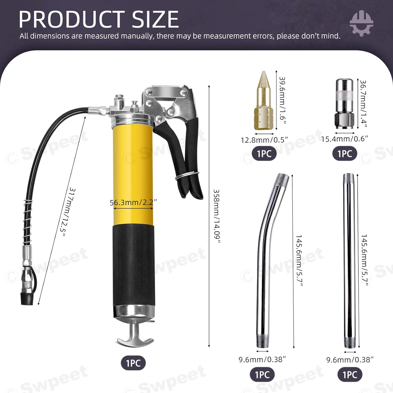 Swpeet 7Pcs 8000 PSI Yellow Heavy Duty Pistol Grip Grease Gun Kit with 14 Oz Load Includes 12" Spring Flex Hose 5" Bend Pipe Straight Pipe 1" Sharp Type Nozzle 2Pcs 1" Normal Coupler for Zerk Fittings image number 6