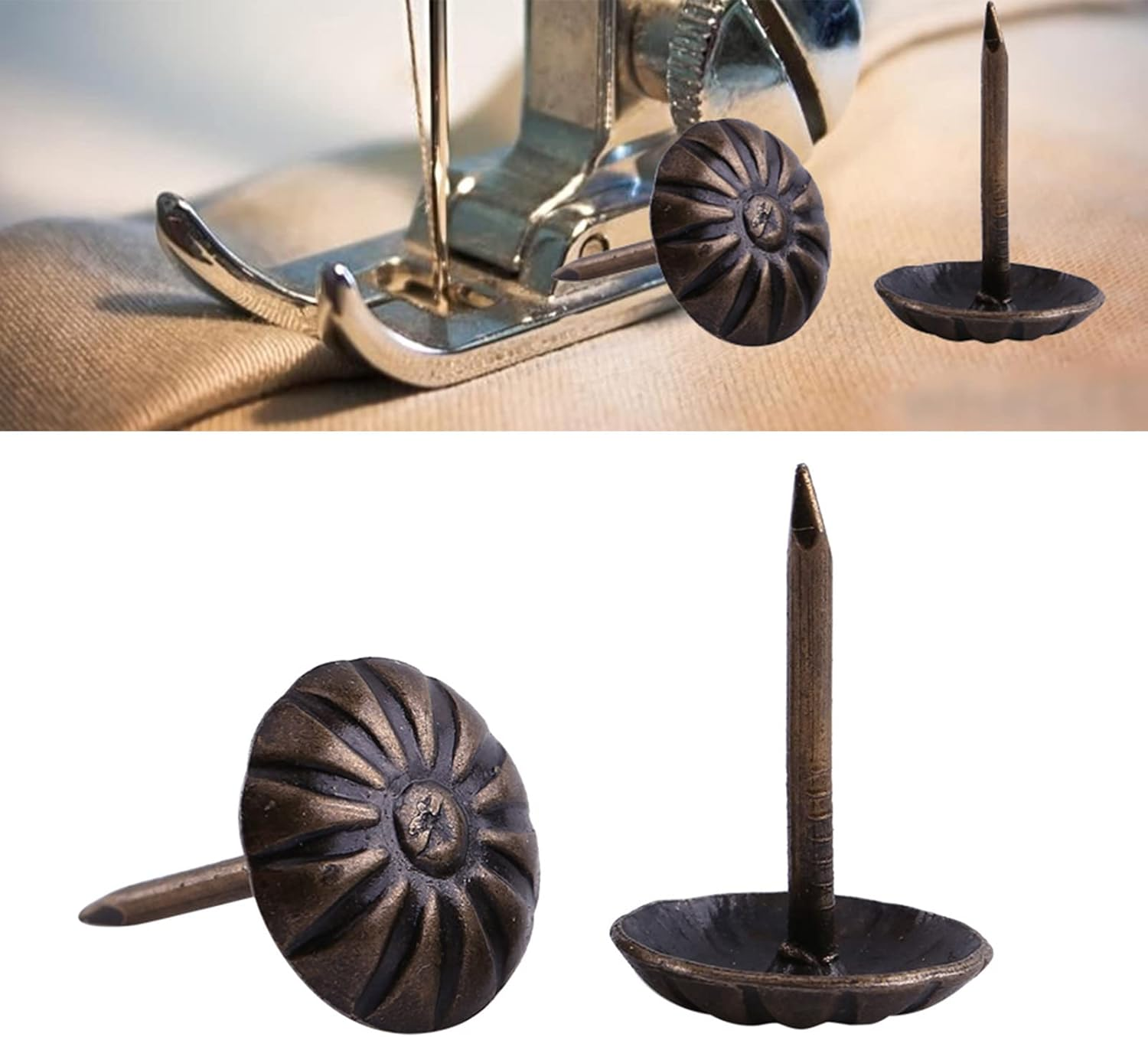 Joyzan Upholstery Decorative Tack, Vintage Furniture Nails Pins round Dome Head Sofa Thumb Tacks Antique Brass Push Trim Nailhead Kit for DIY Home Decor Chair Bed Cork Board Upholstered Wood 100Pcs image number 6