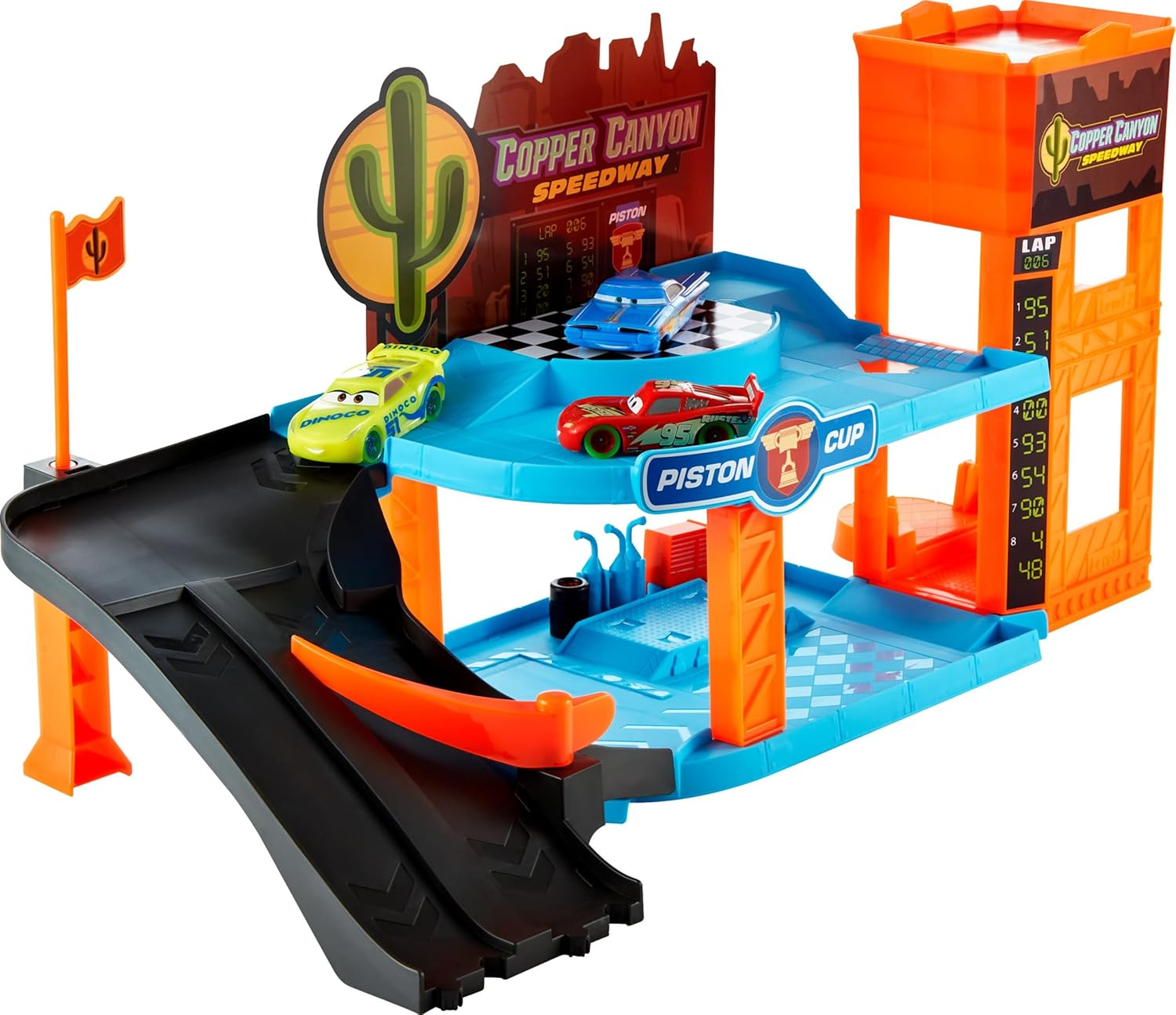 Mattel Disney Pixar Cars Copper Canyon - Luminous Garage Playset with 3 Luminous Racing Cars, 2 Levels, Oil Change Station, Tuning Station, Working Elevator, for Children from 4 Years, HPX75 image number 2