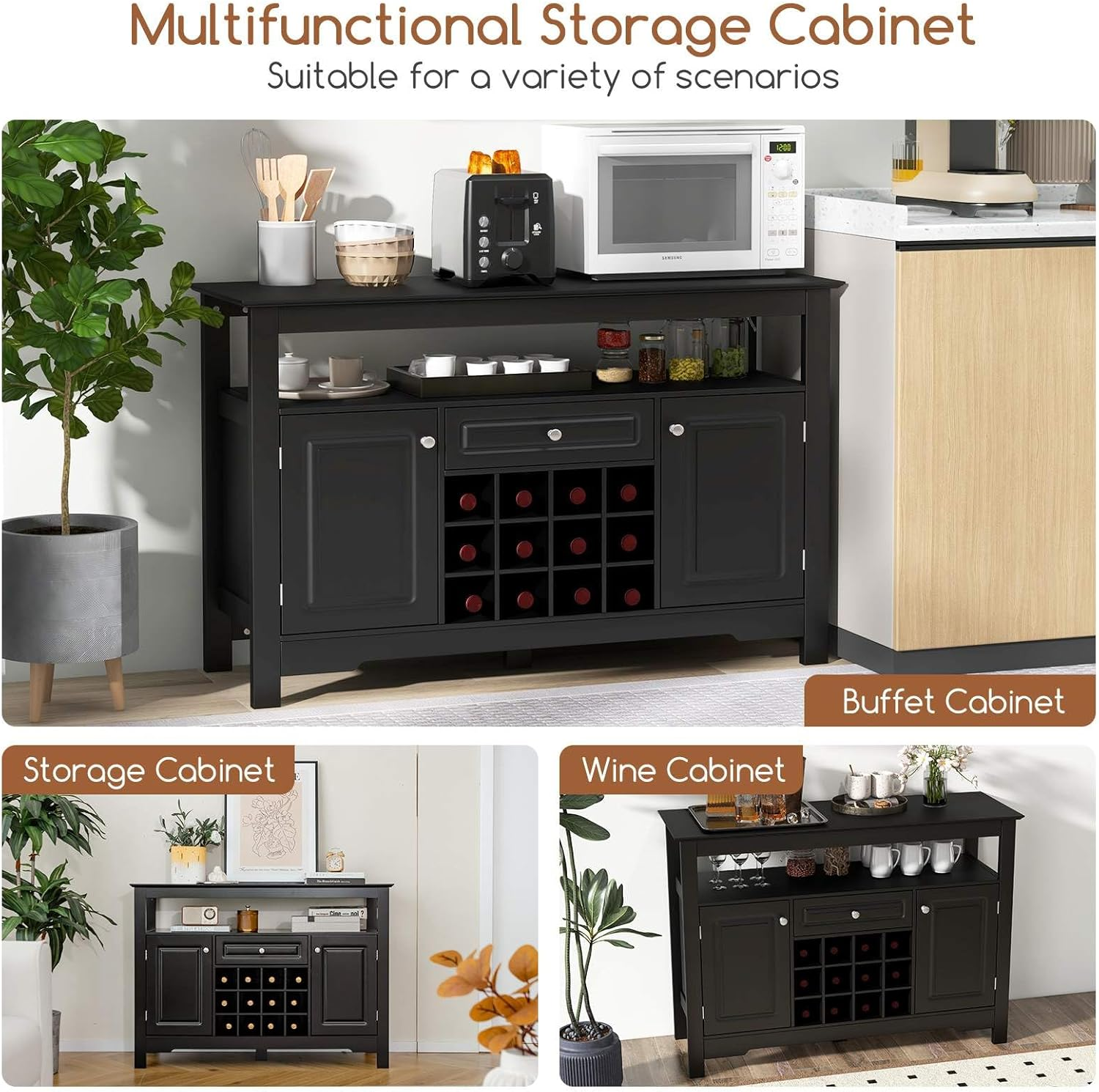 Costway Buffet Sideboard, Wine Liquor Coffee Bar Cabinet W/Removable Wine Rack, Floor Pantry Cupboard W/ 2 Doors & Drawer, Multipurpose Storage Cabinet TV Stand for Kitchen, Dining Room (Black)
