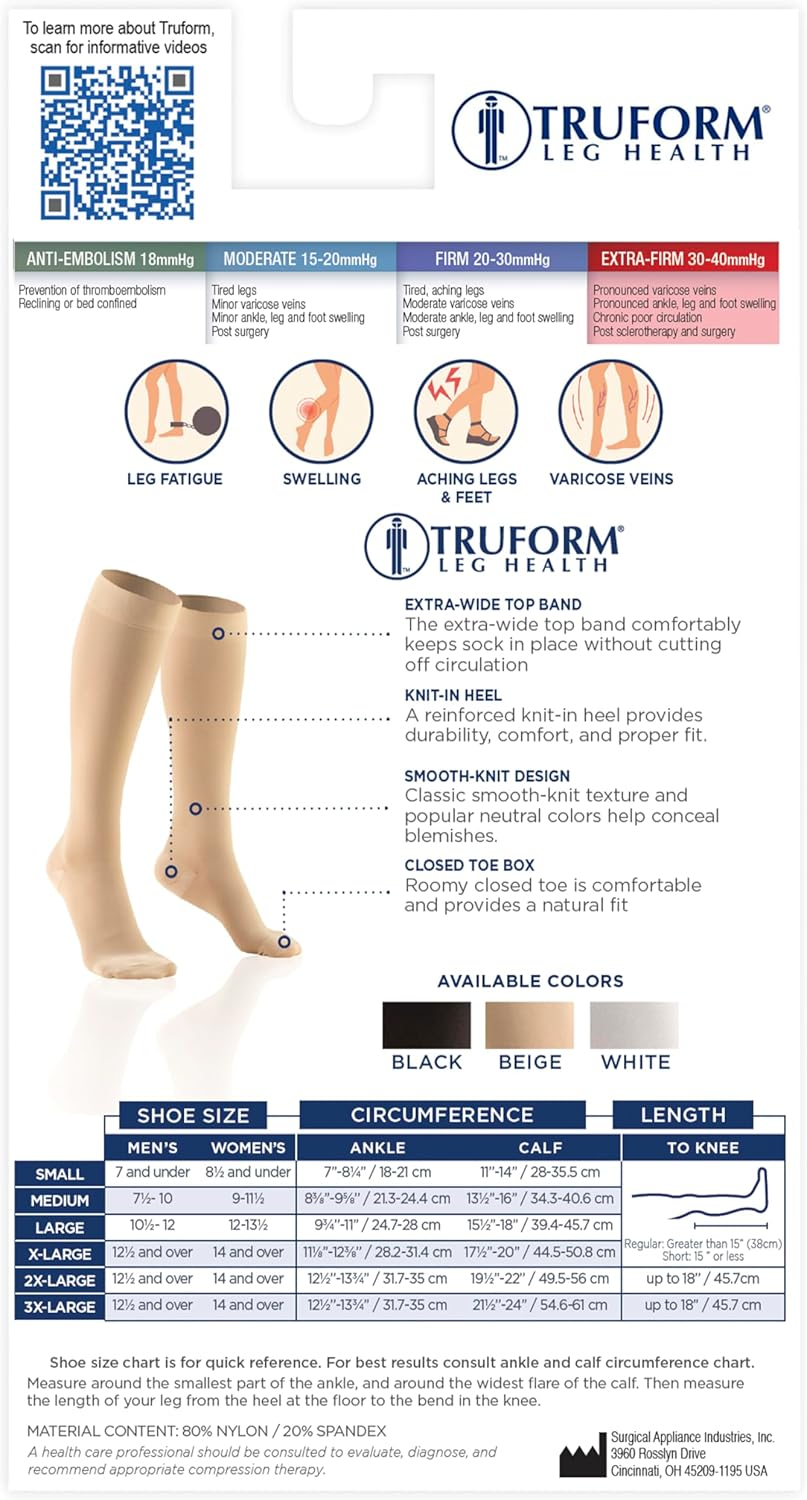 Truform 30-40 Mmhg Compression Stockings for Men and Women, Knee High Length, Closed Toe