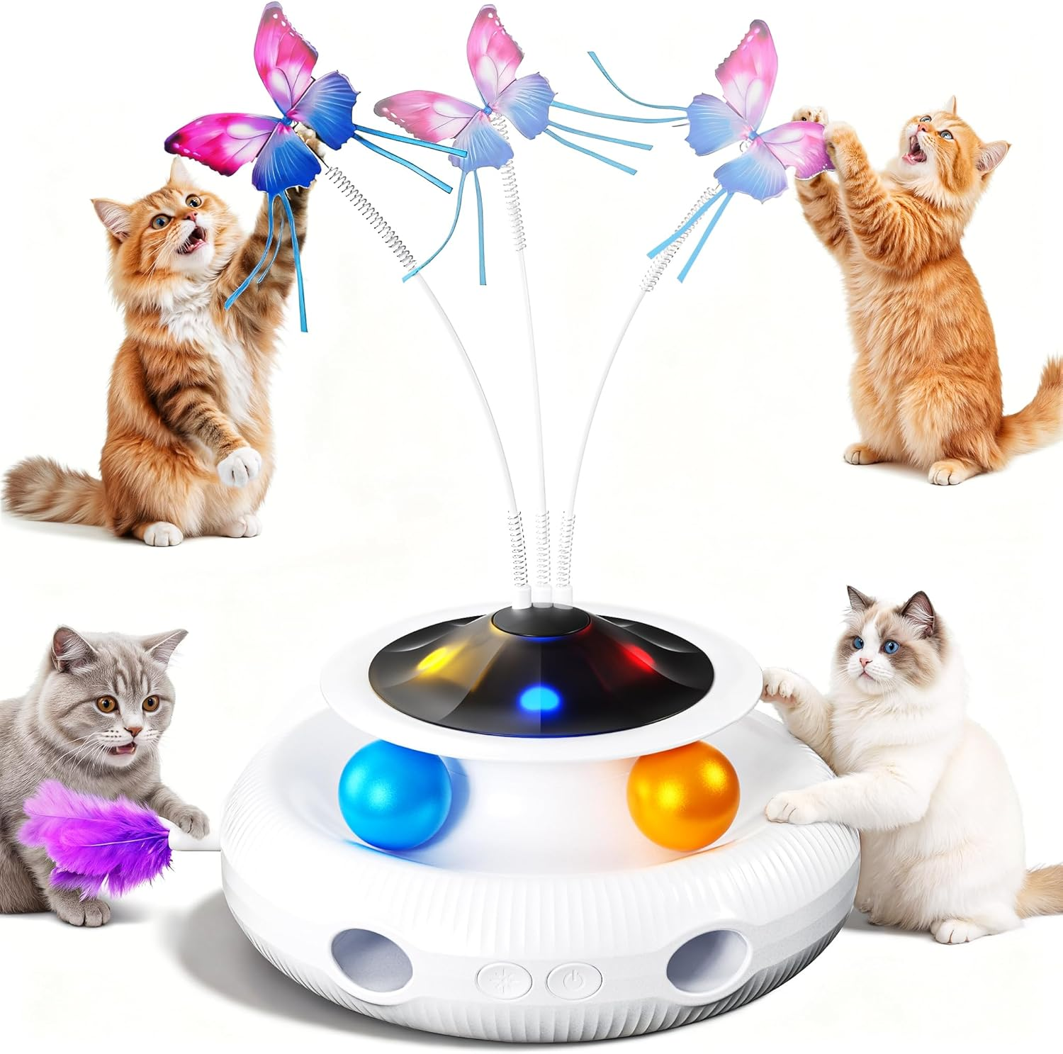 Interactive Cat Toys - 3In1 Automatic Cats Toy Indoor, Hide and Seek Kitten Toy with Track Balls, Fluttering Butterfly, Moving Ambush Feather & LED Lights,Rechargeable Hunting Exercise Kicker image number 3