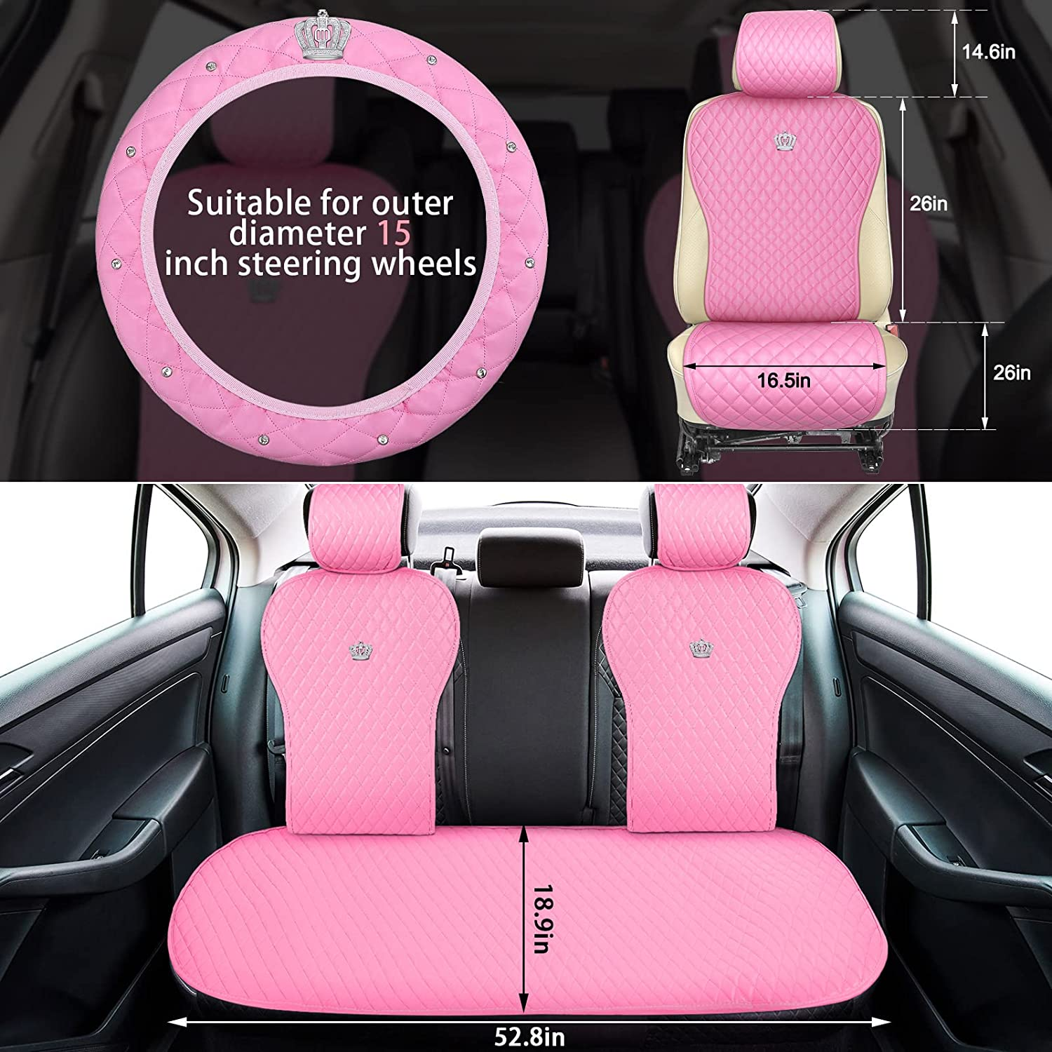 Tallew 14 Pcs Pink Car Accessories Set Leather Diamond Seat Cover Steering Wheel Cover with Center Console Pad Cup Holders Gear Protection for Women Car Interior Decor(Full Set) image number 6