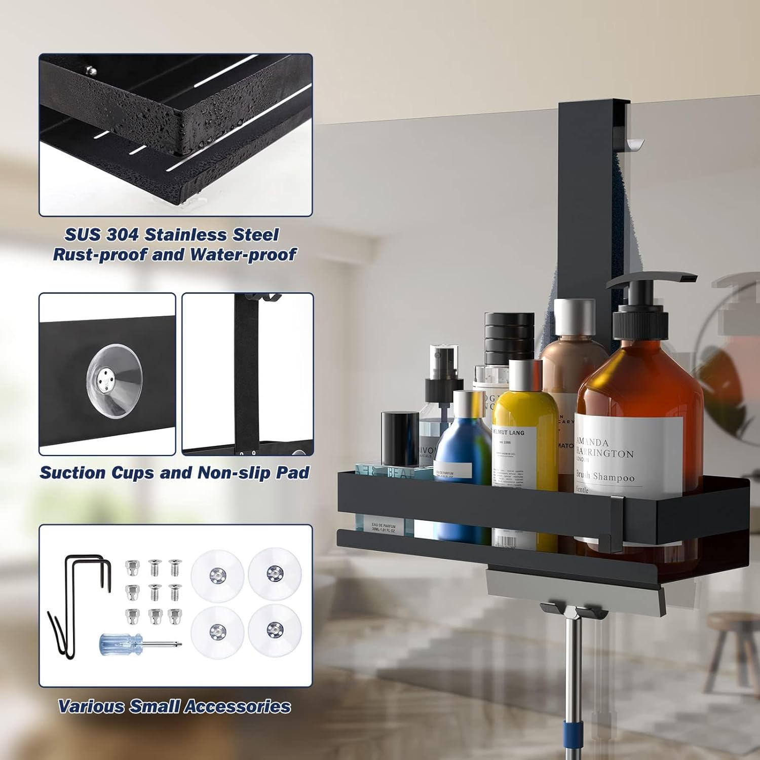 HOTOIQ Shower Caddy Hanging, Stainless Steel Shower Caddy without Drilling, Rustproof Hanging Shower Basket Holder with 2 Hooks and 4 Suction Cups for Frameless Glass Door(Black) image number 3